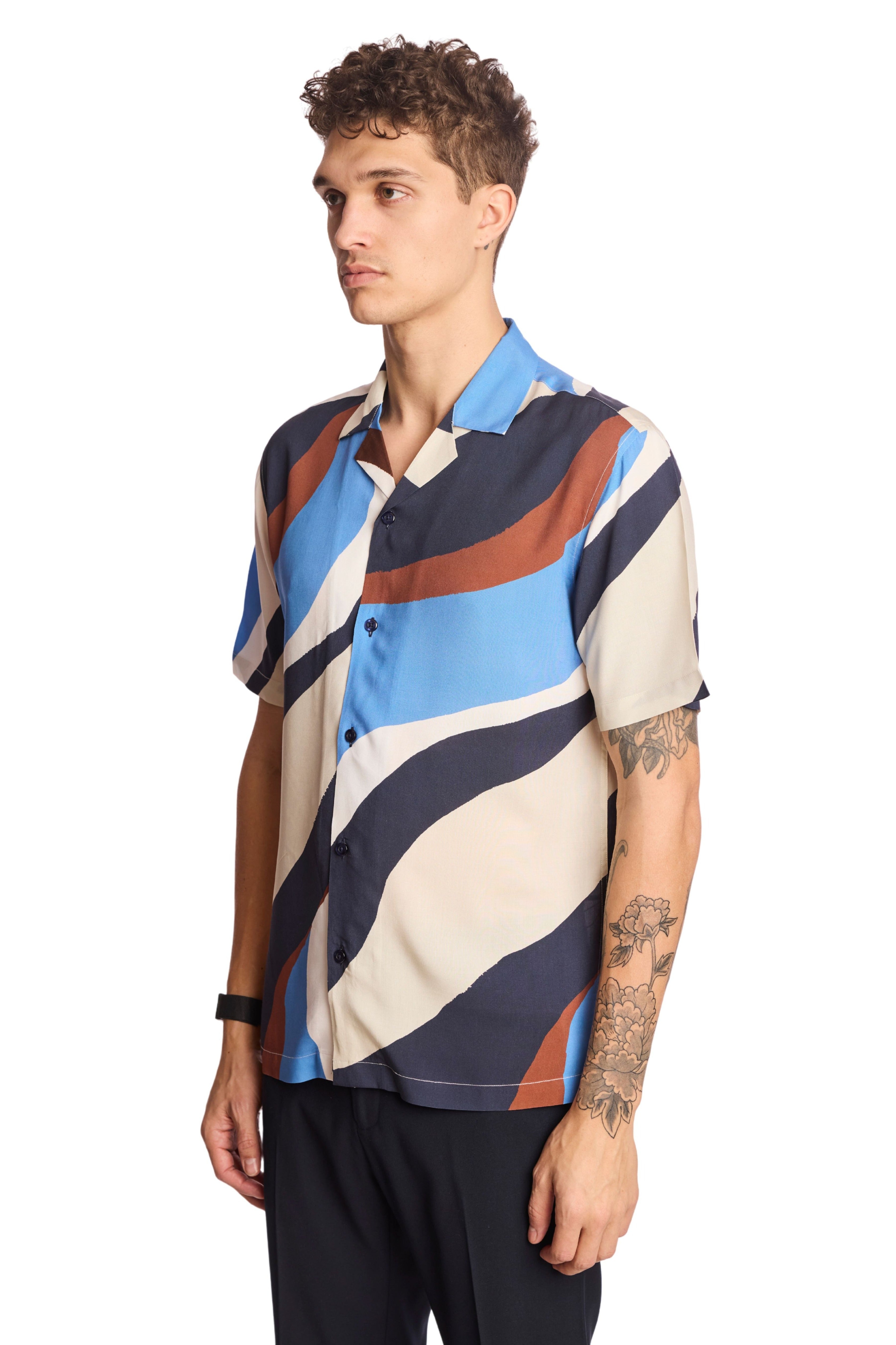 S/S Camp Collar Shirt - Blue Brown White Swirls