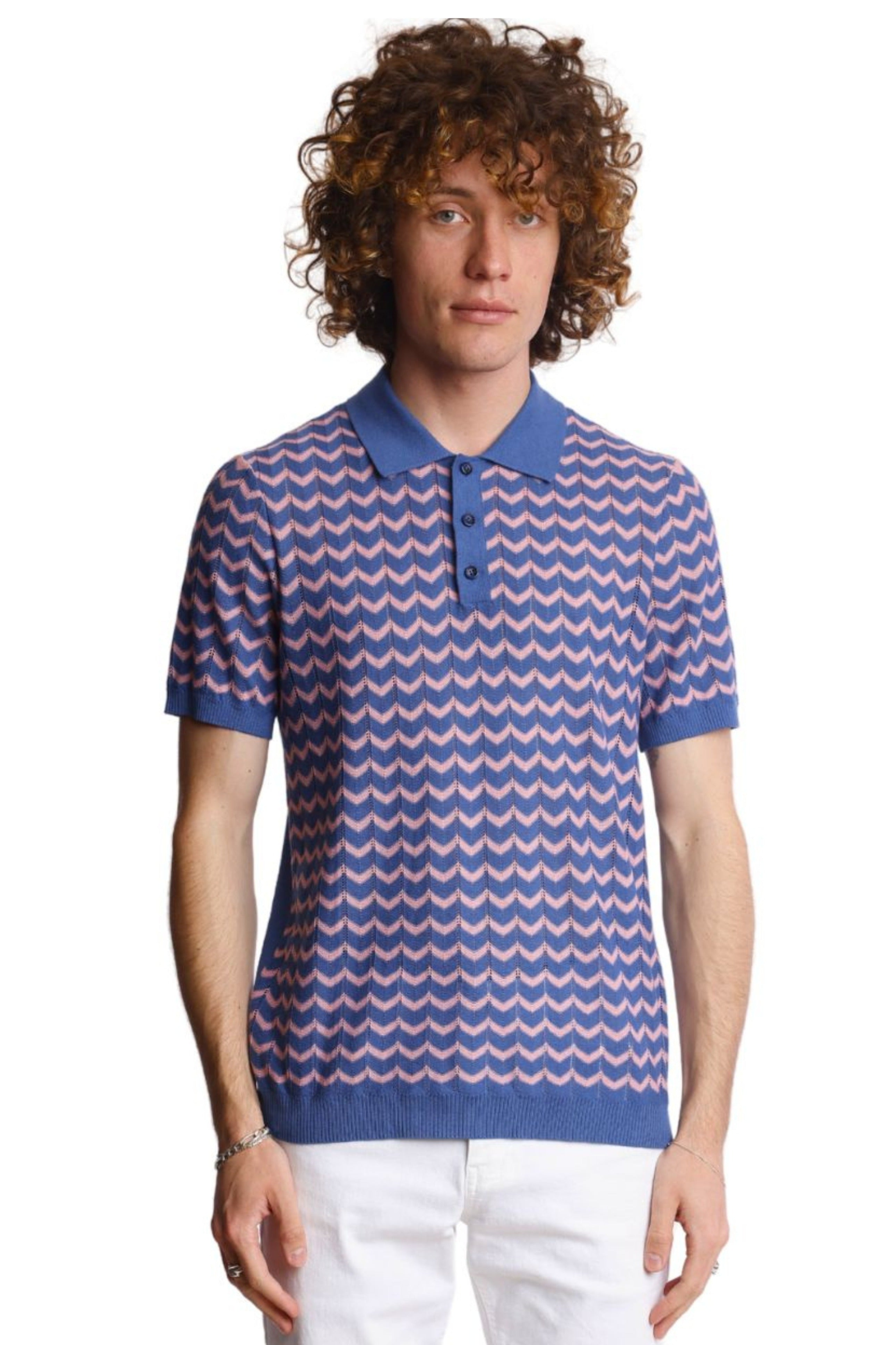 3 Button Chevron Polo - Blue & Pink Zig Zag