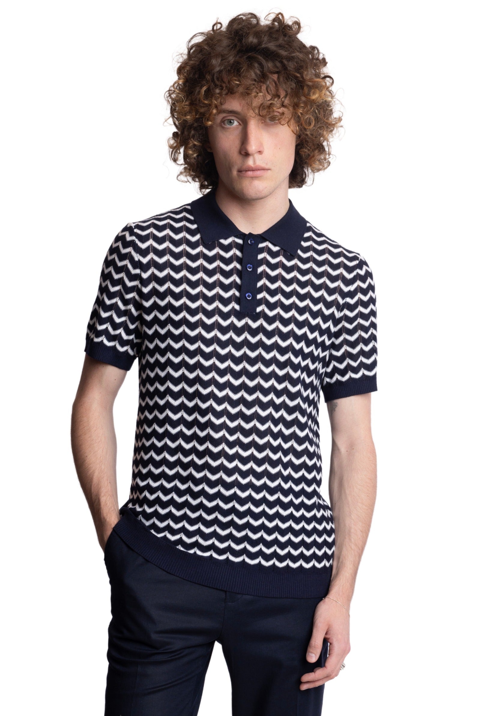 3 Button Chevron Polo - Navy & White Zig Zag