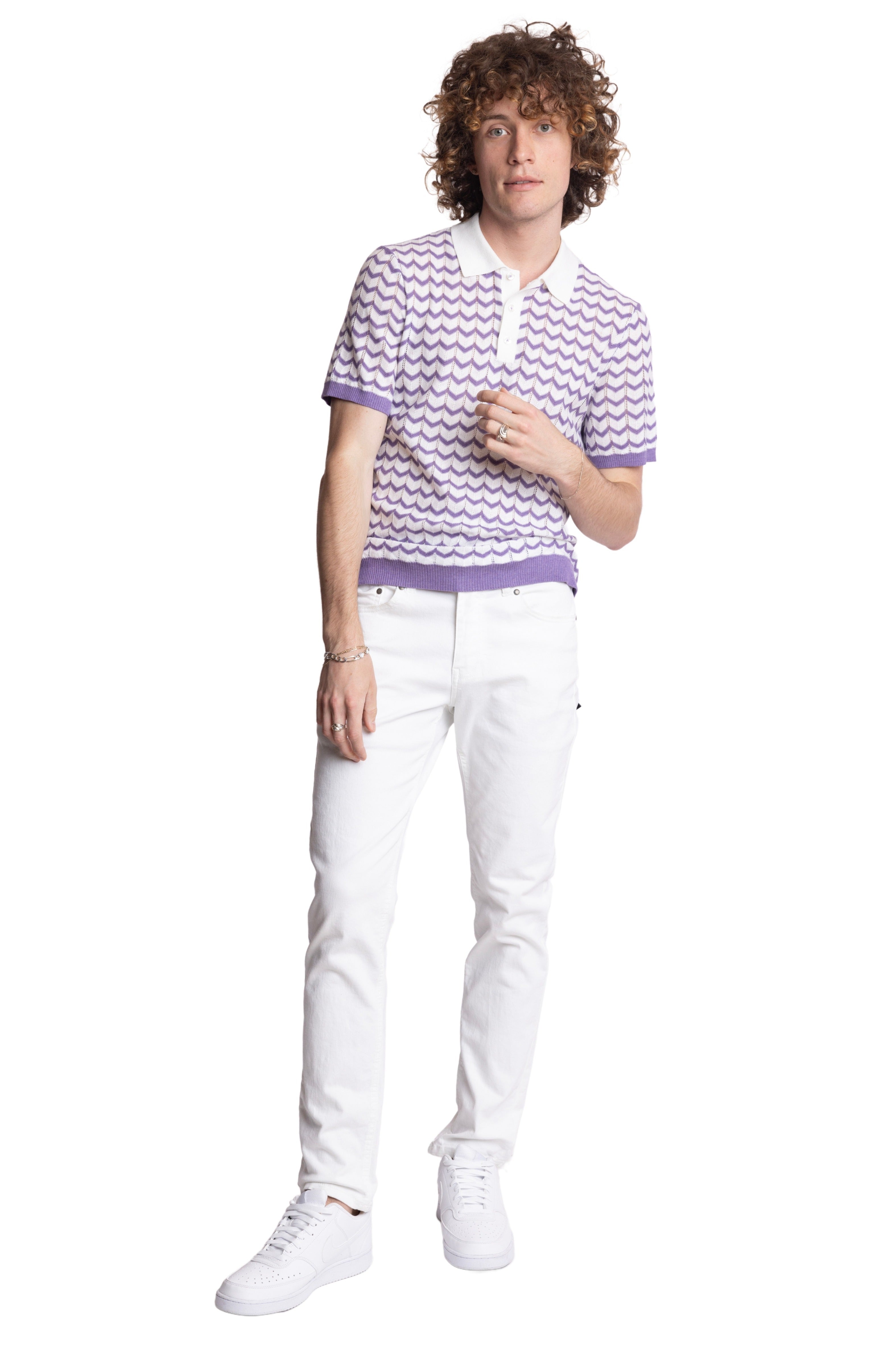 3 Button Chevron Polo - White & Lilac Zig Zag