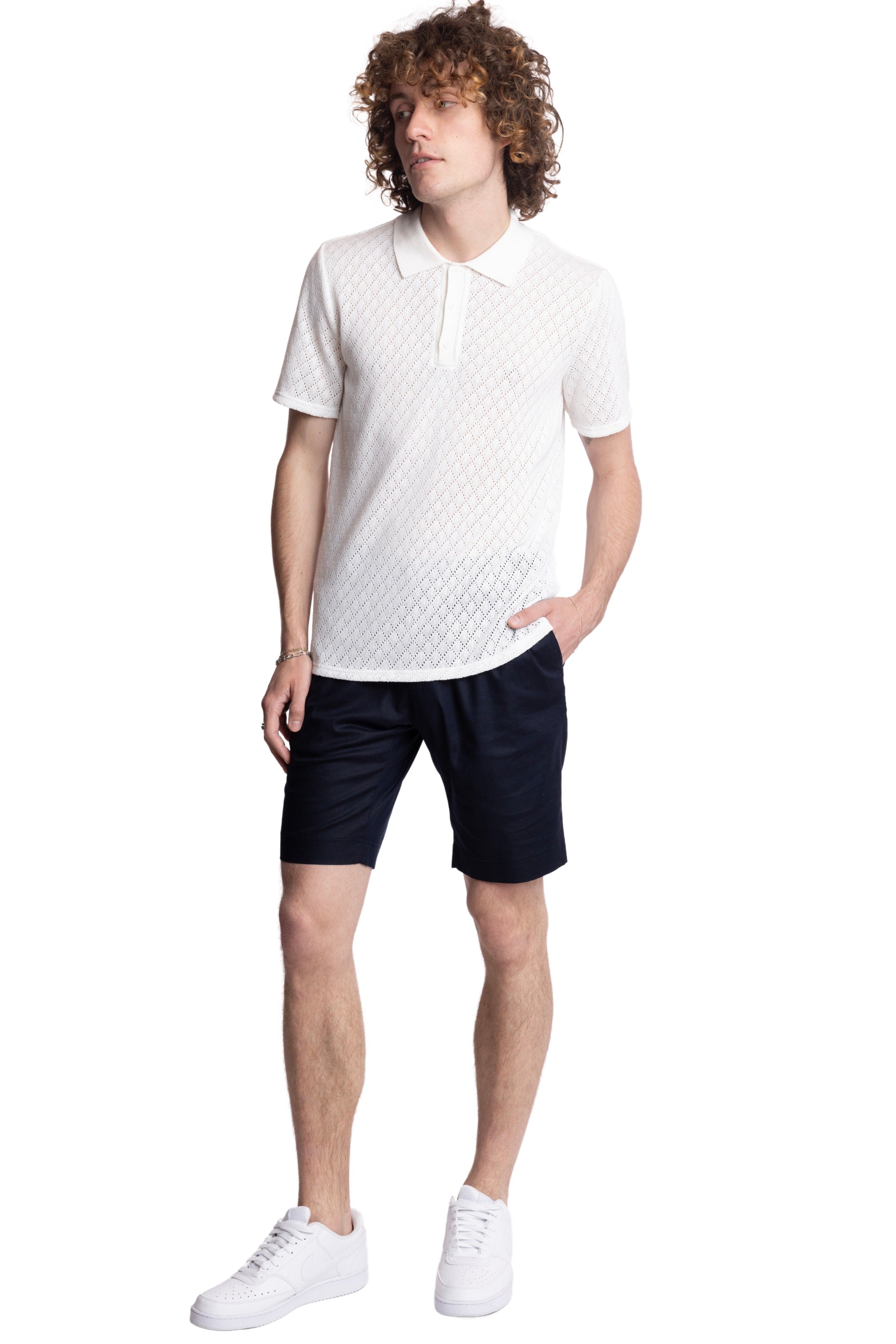 3 Button Knitted Polo - White Diamond