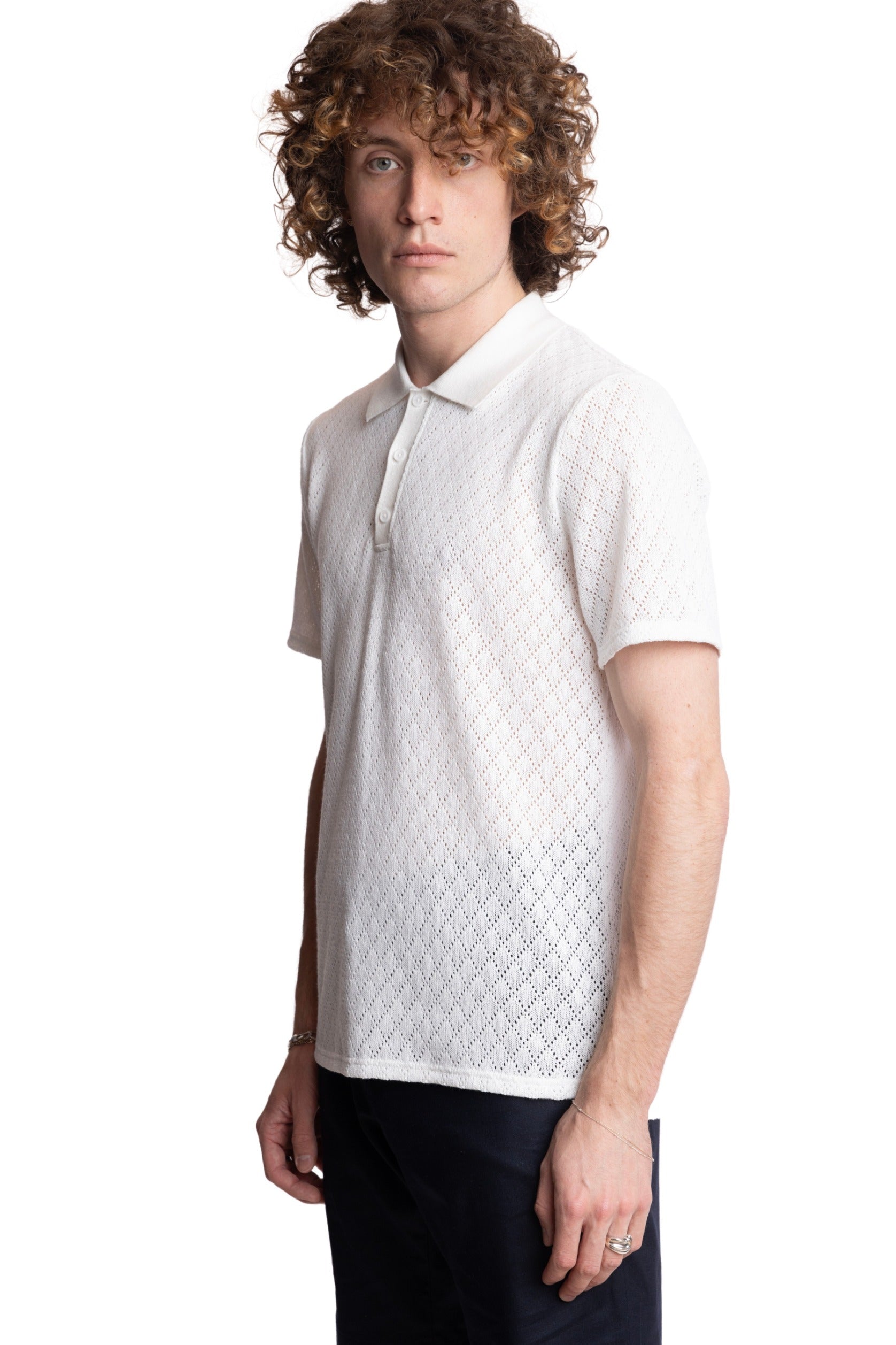 3 Button Knitted Polo - White Diamond