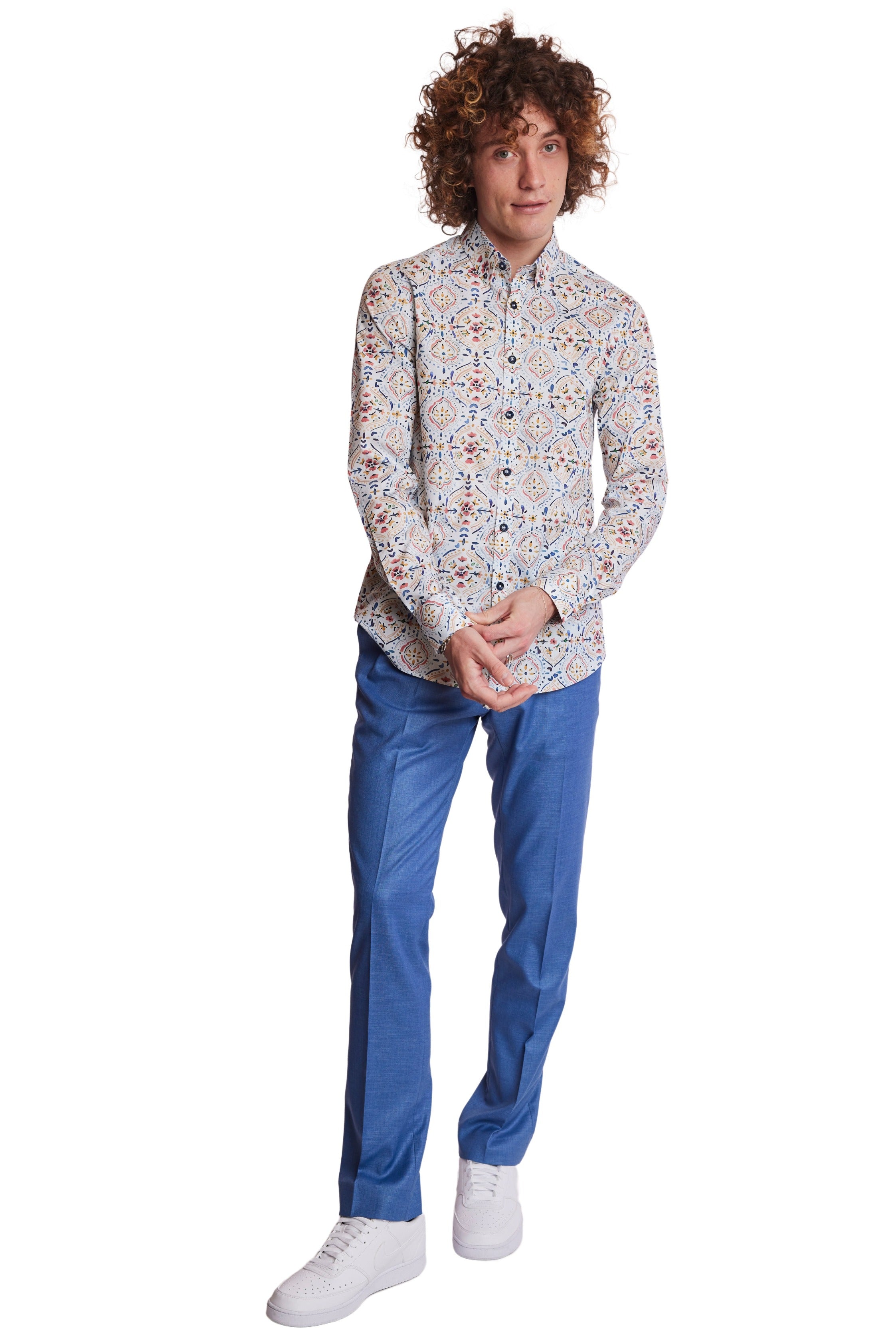 Brian Button Down Shirt - White Peach Blue Mosaic