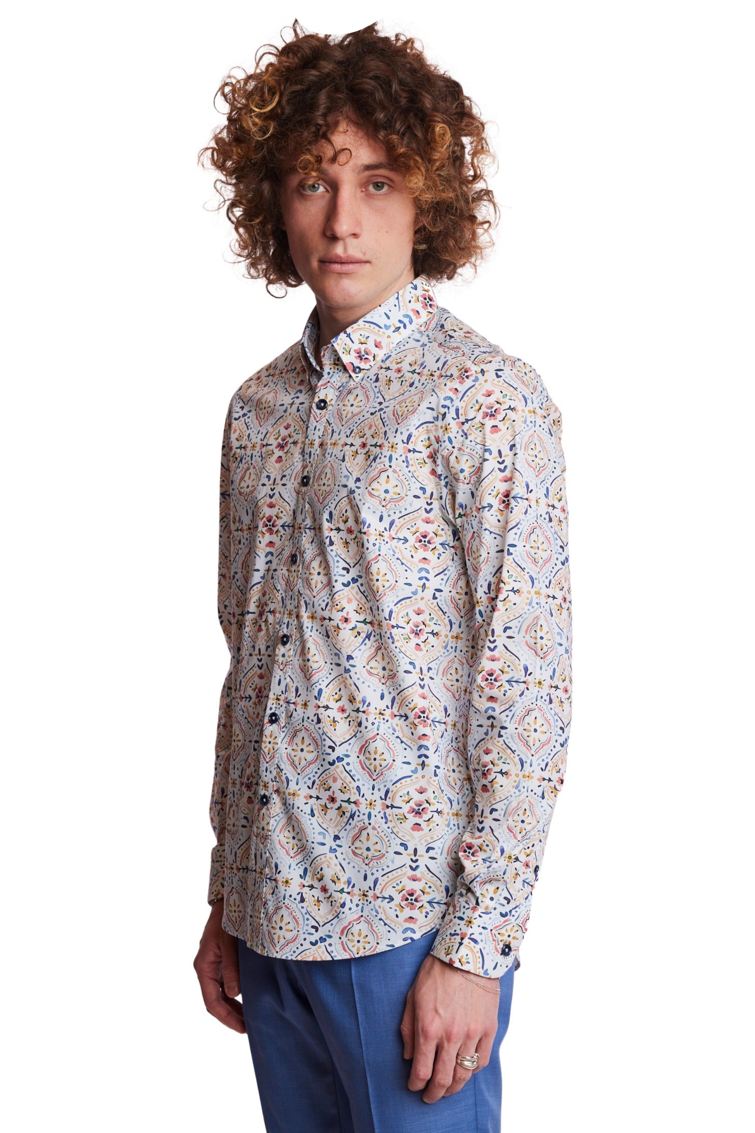 Brian Button Down Shirt - White Peach Blue Mosaic