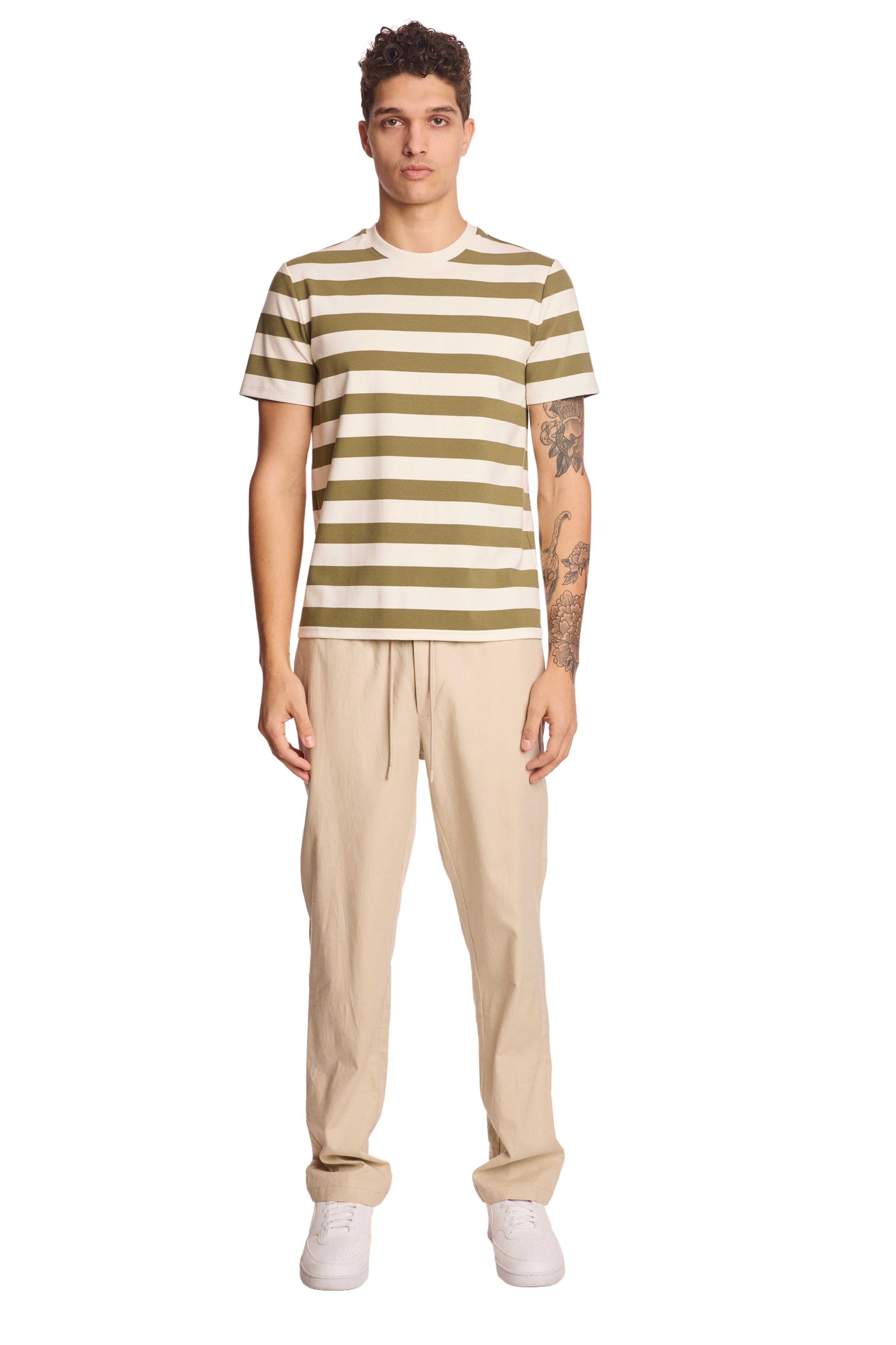 Crew Neck T - Olive and White Wide Stripes