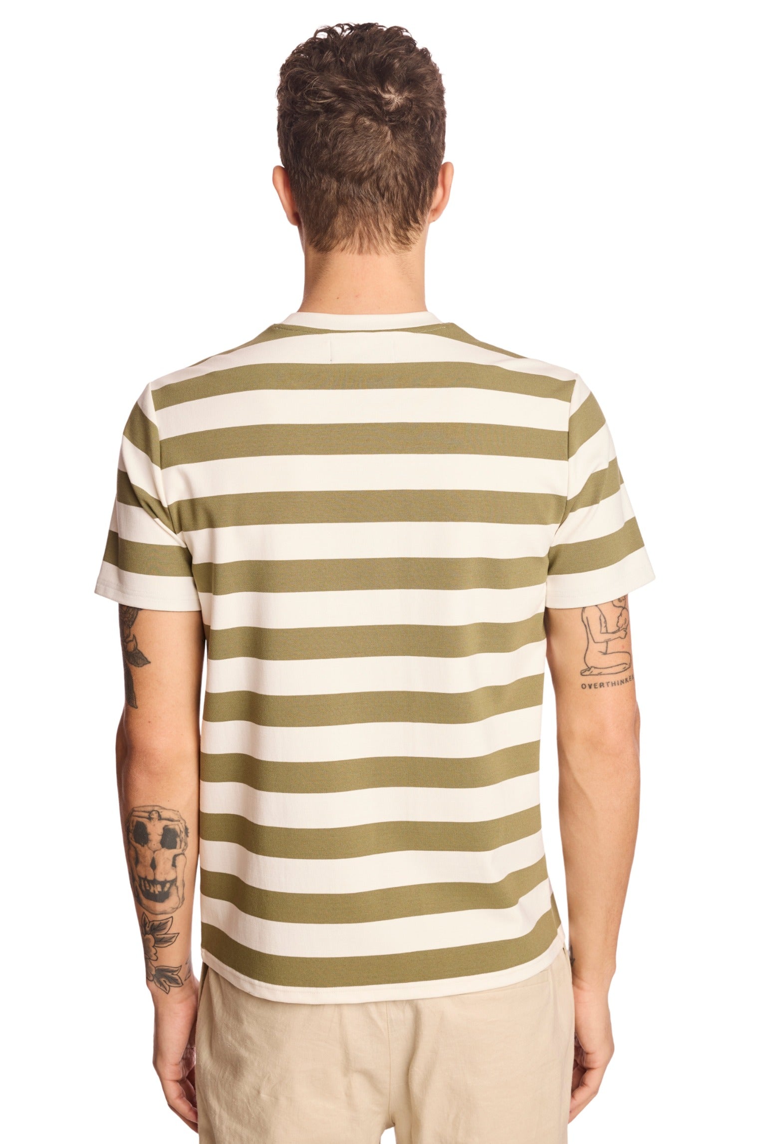 Crew Neck T - Olive and White Wide Stripes