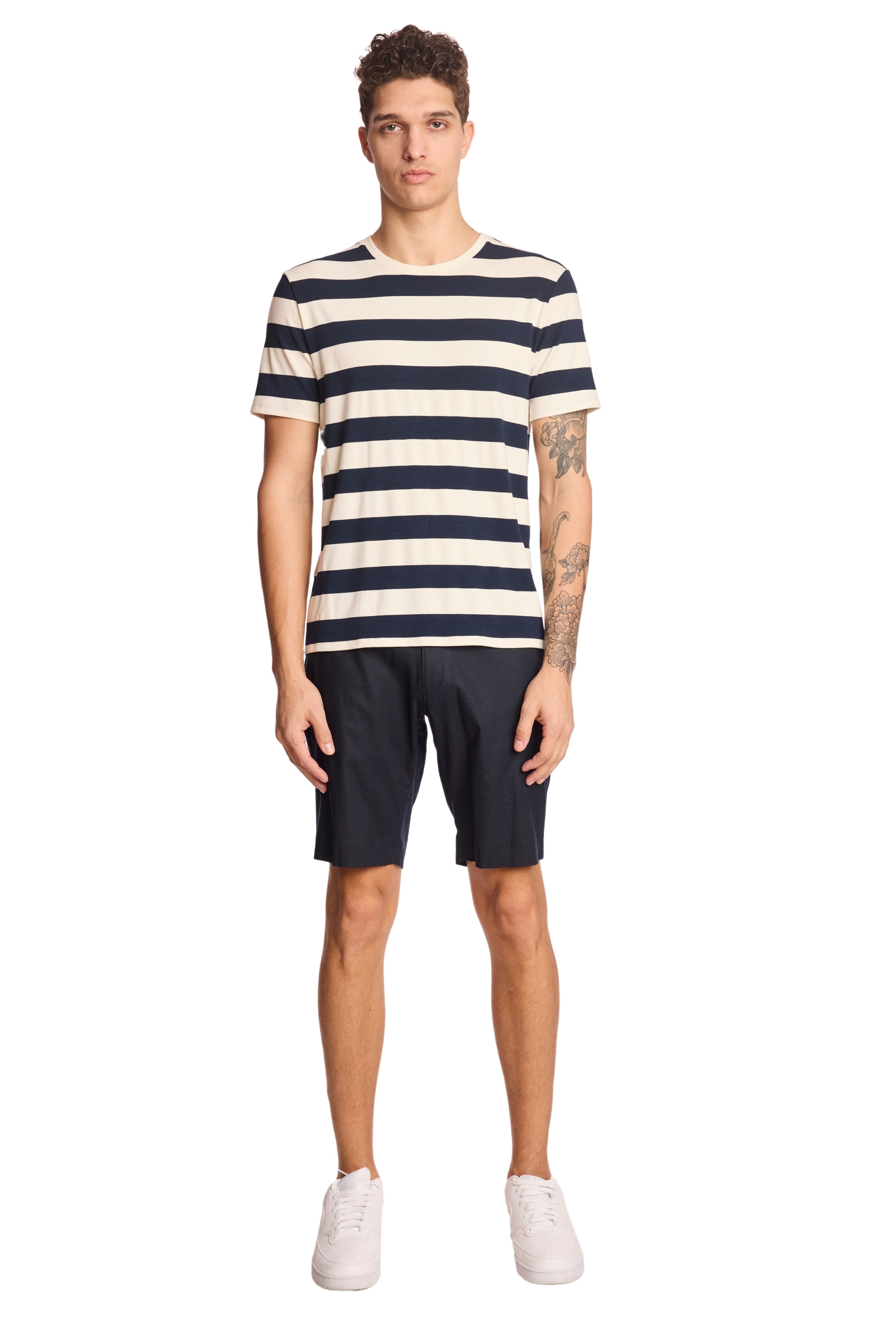 Crew Neck T-Shirt - Navy White Wide Stripes