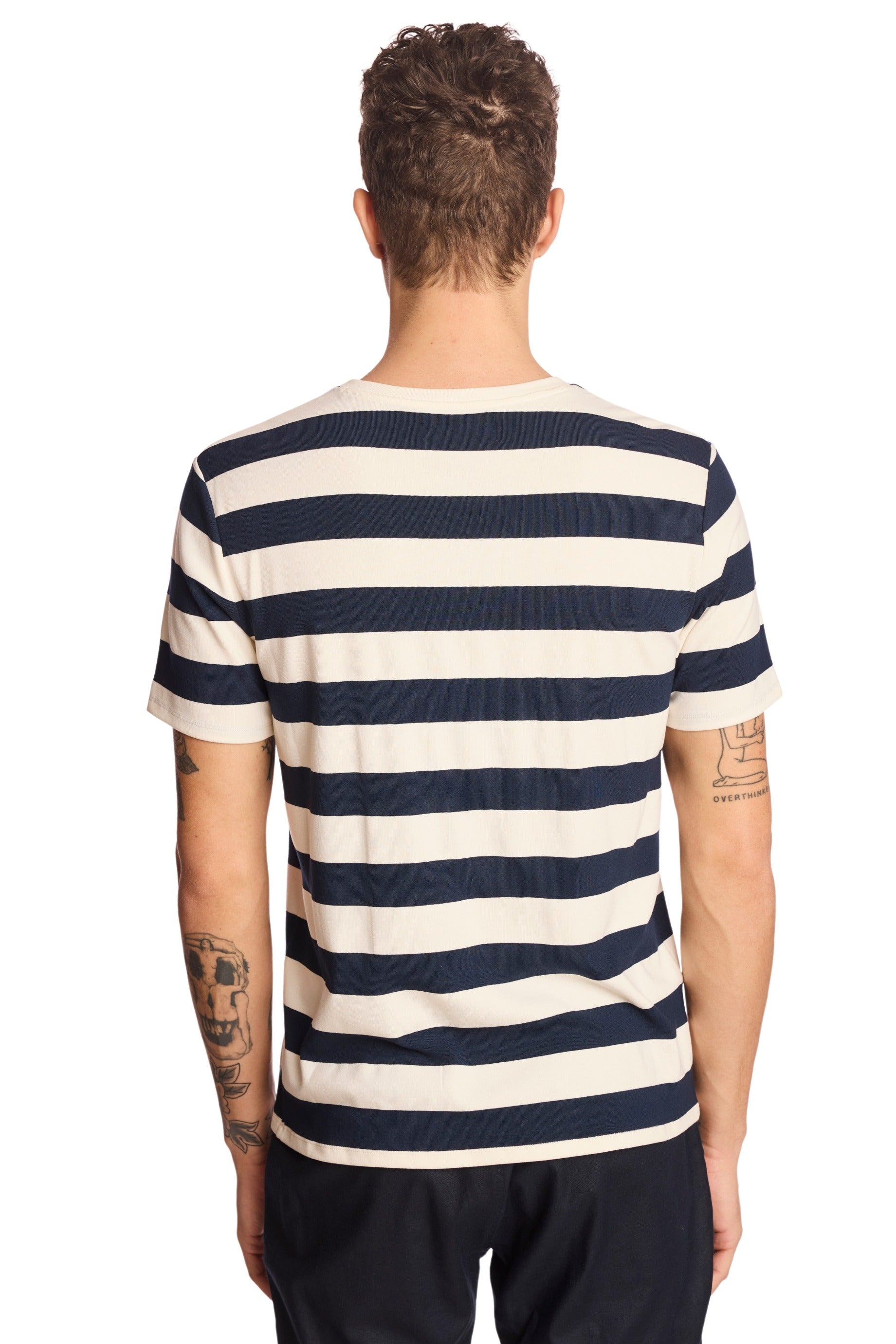 Crew Neck T-Shirt - Navy White Wide Stripes