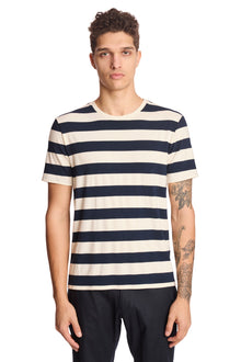  Crew Neck T-Shirt - Navy White Wide Stripes