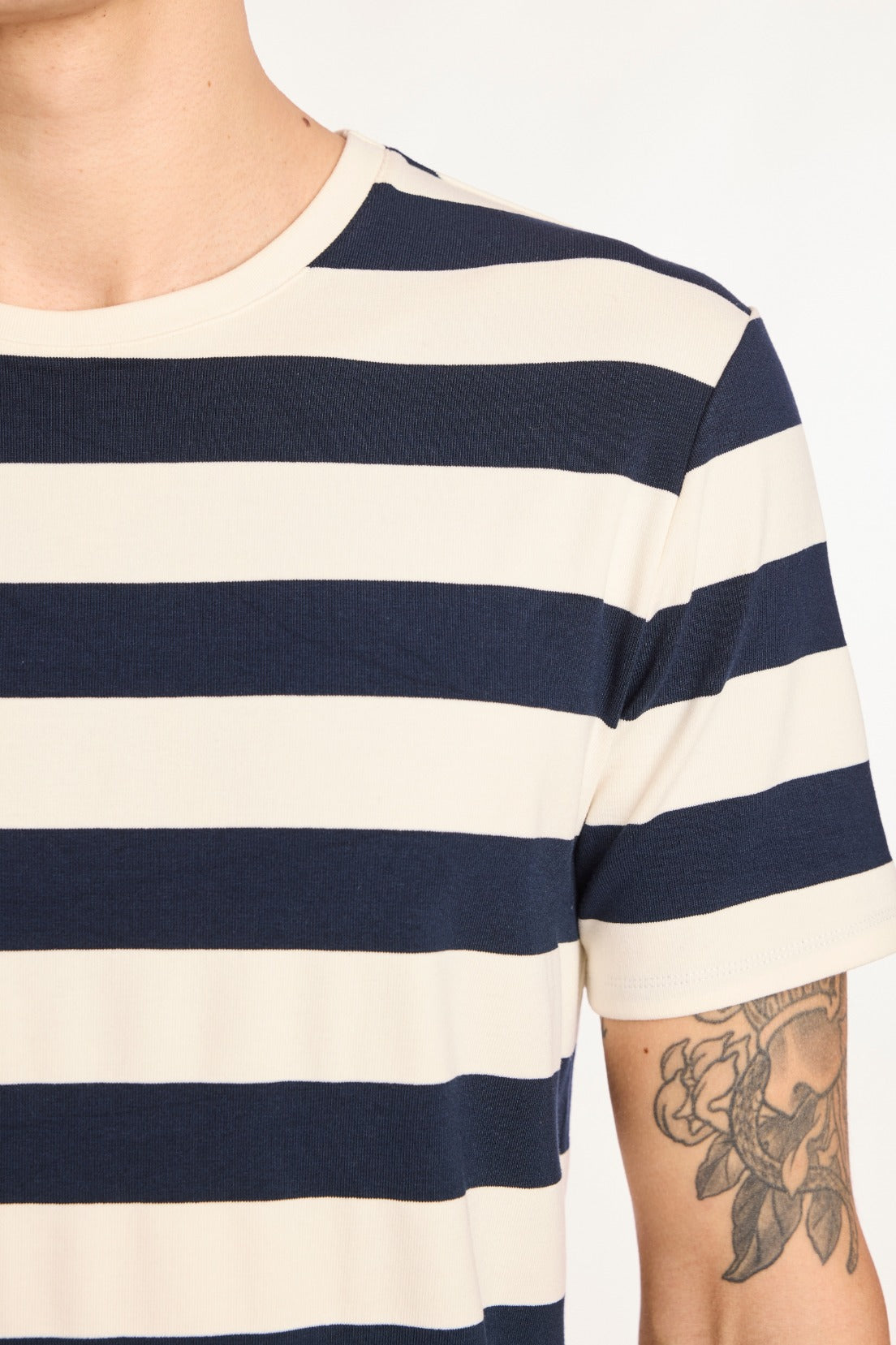 Crew Neck T-Shirt - Navy White Wide Stripes