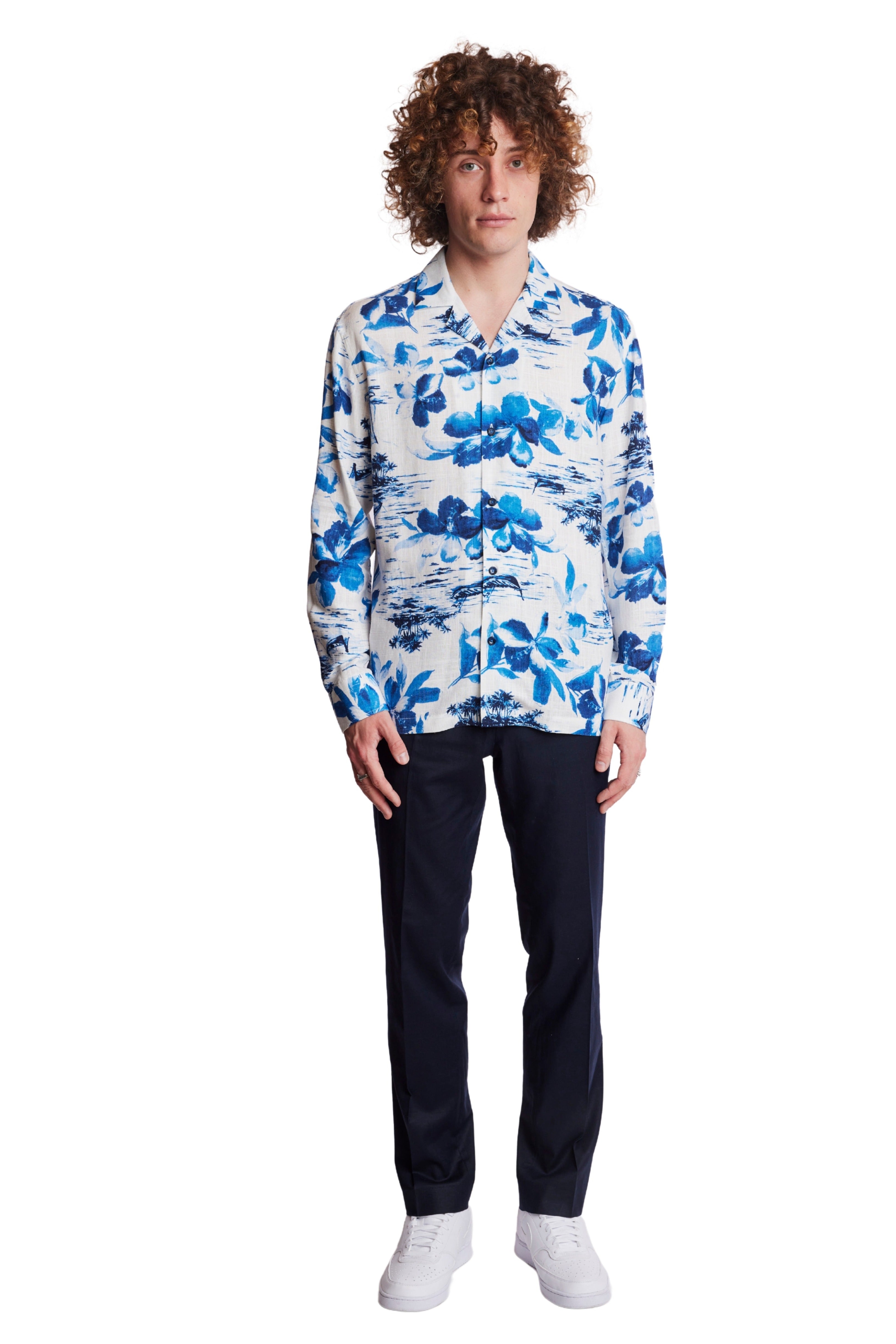 L/S Camp Collar Shirt - White Blue Vacation