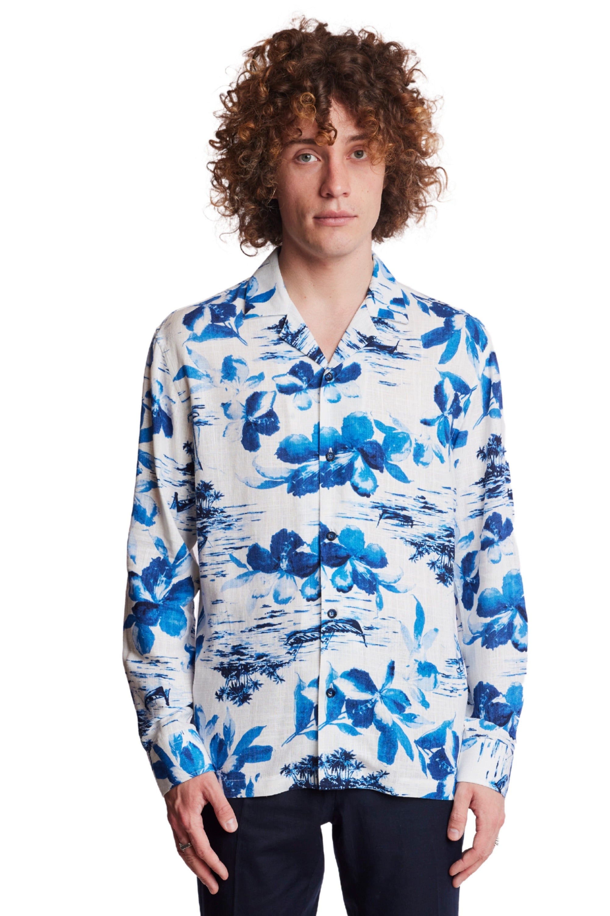 L/S Camp Collar Shirt - White Blue Vacation