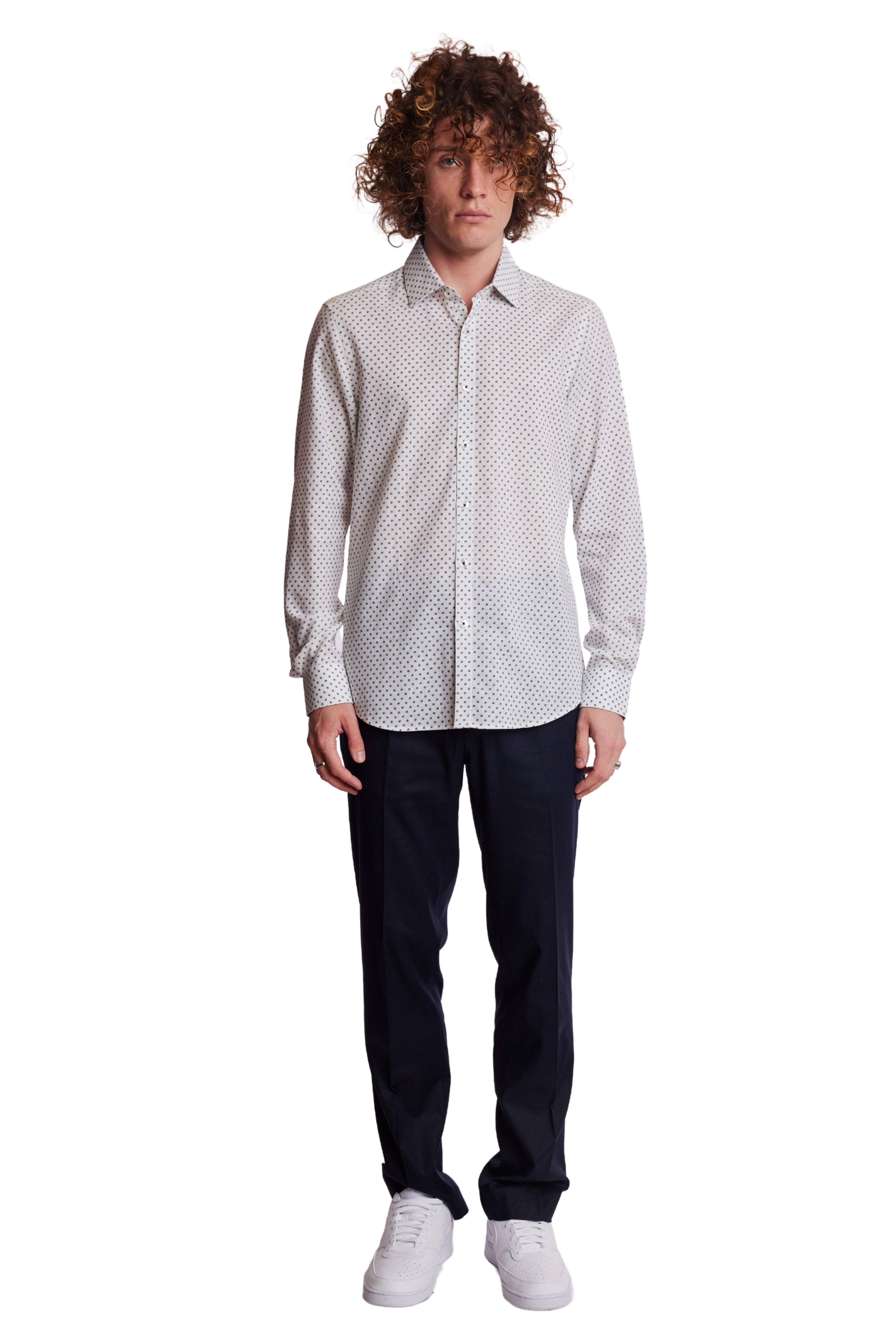 Samuel Spread Collar Shirt - White Blue Ditsy Dots