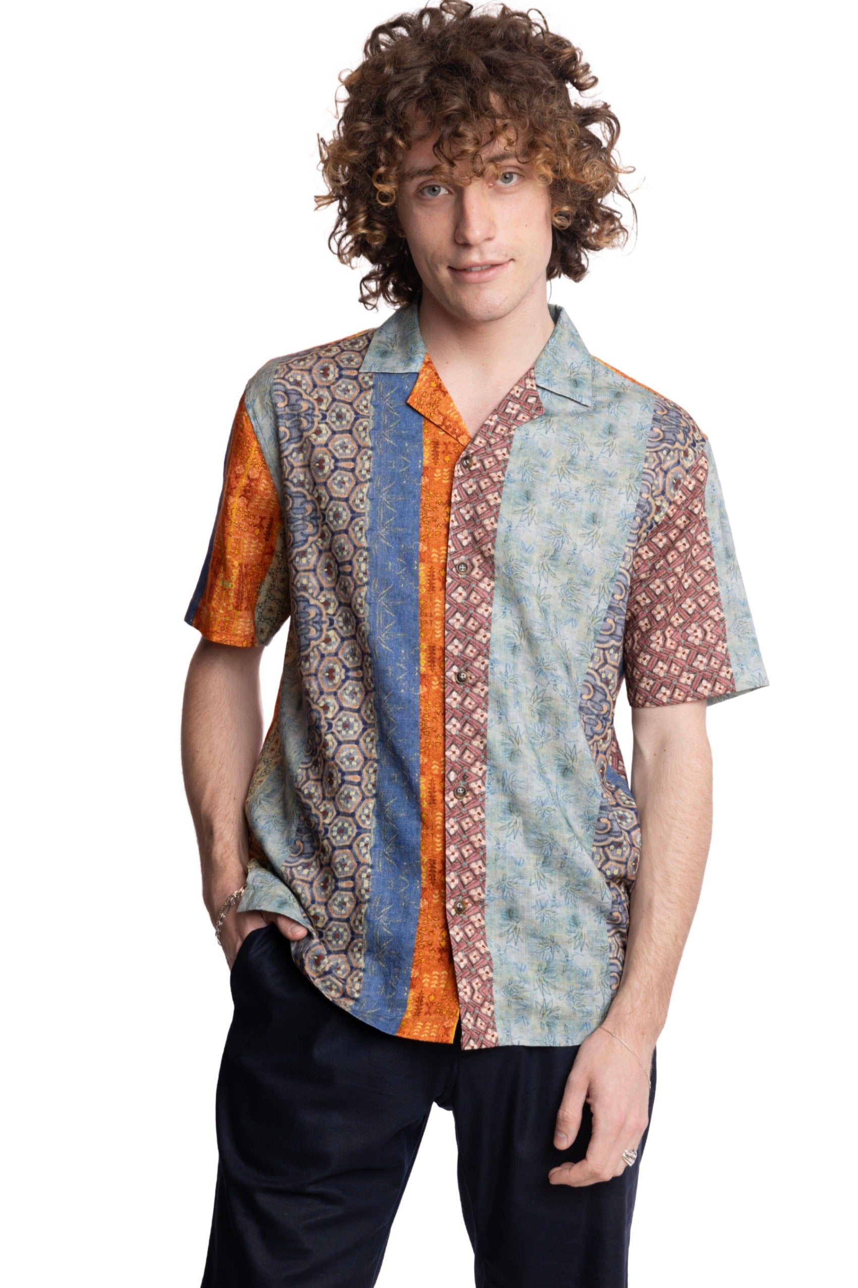 S/S Camp Collar Shirt - Orange Blue Multi Stripe