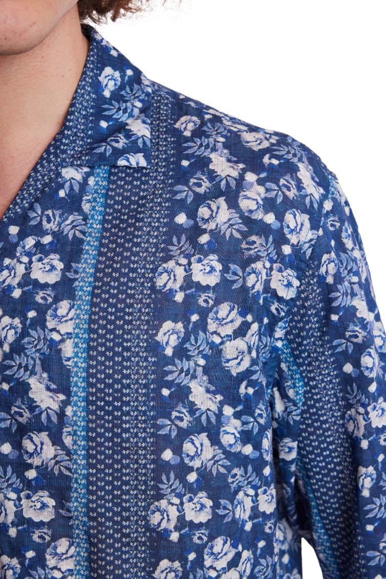 L/S Camp Collar Shirt - Navy Lt Blue Floral Stripe