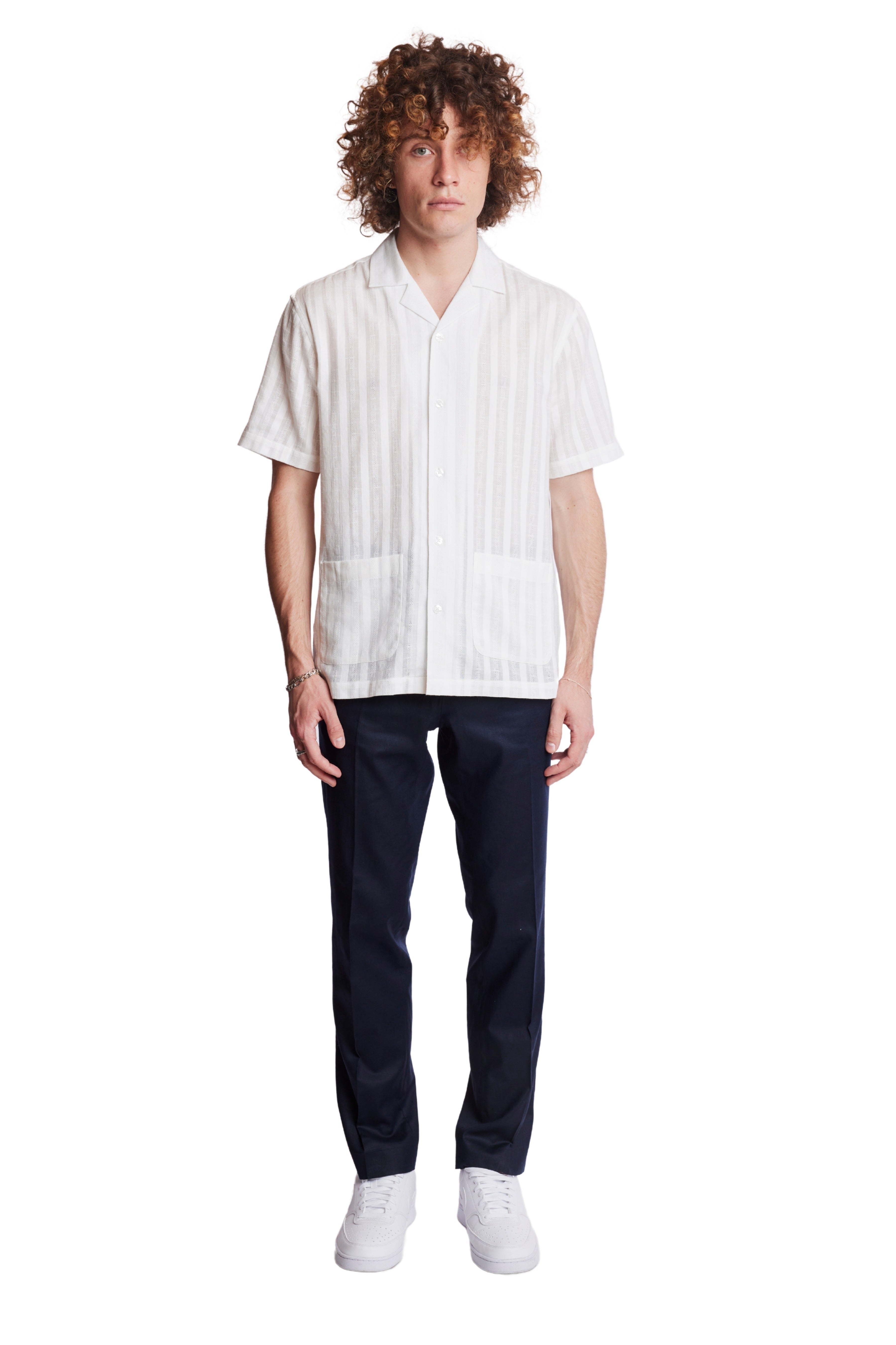 S/S Camp Collar 2 Pkt Shirt - White Dobby Stripes