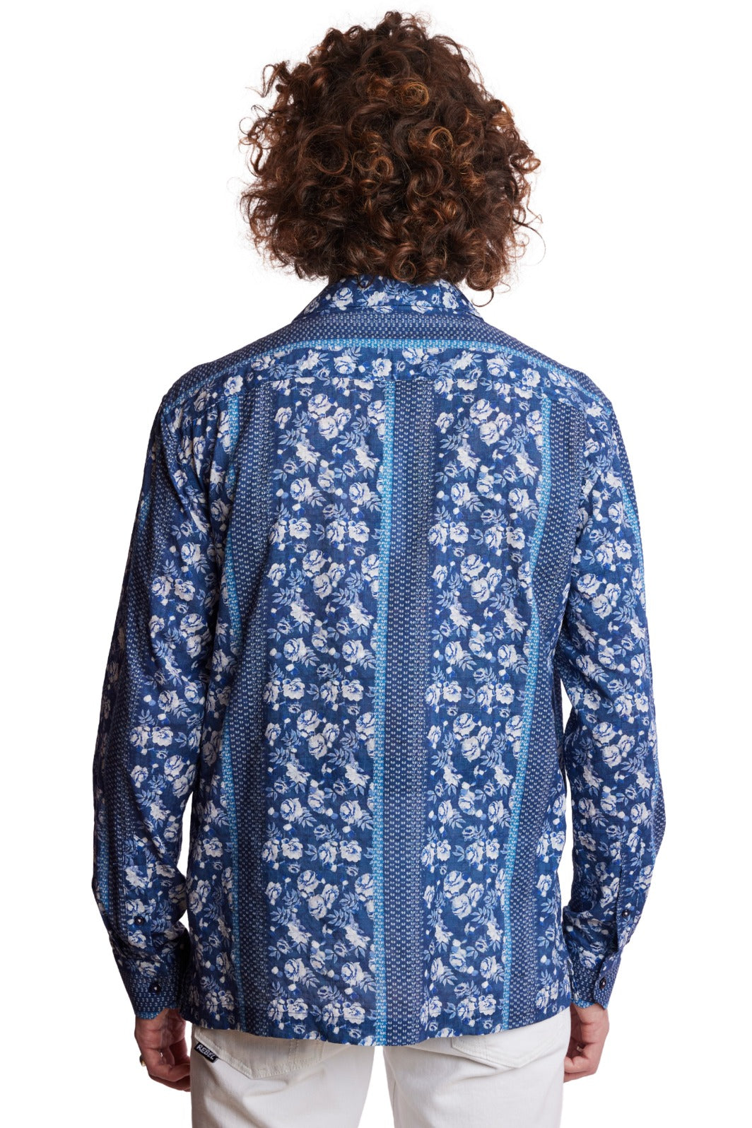 L/S Camp Collar Shirt - Navy Lt Blue Floral Stripe