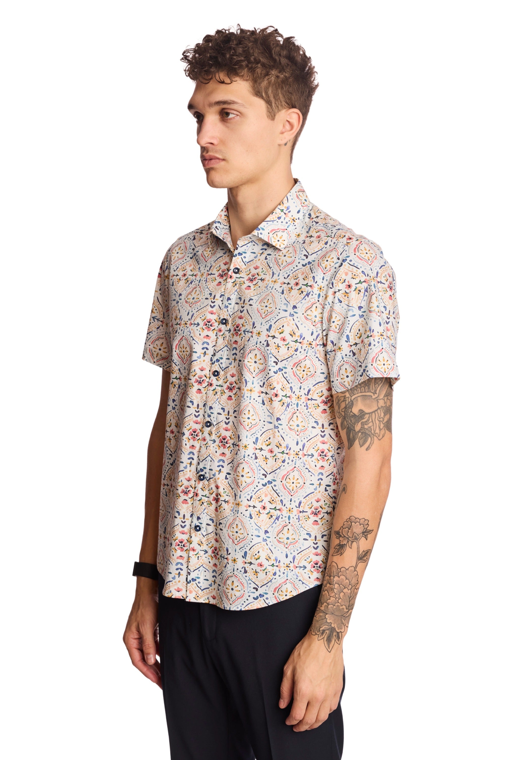 S/S Sawyer Shirt - White Peach Blue Mosaic