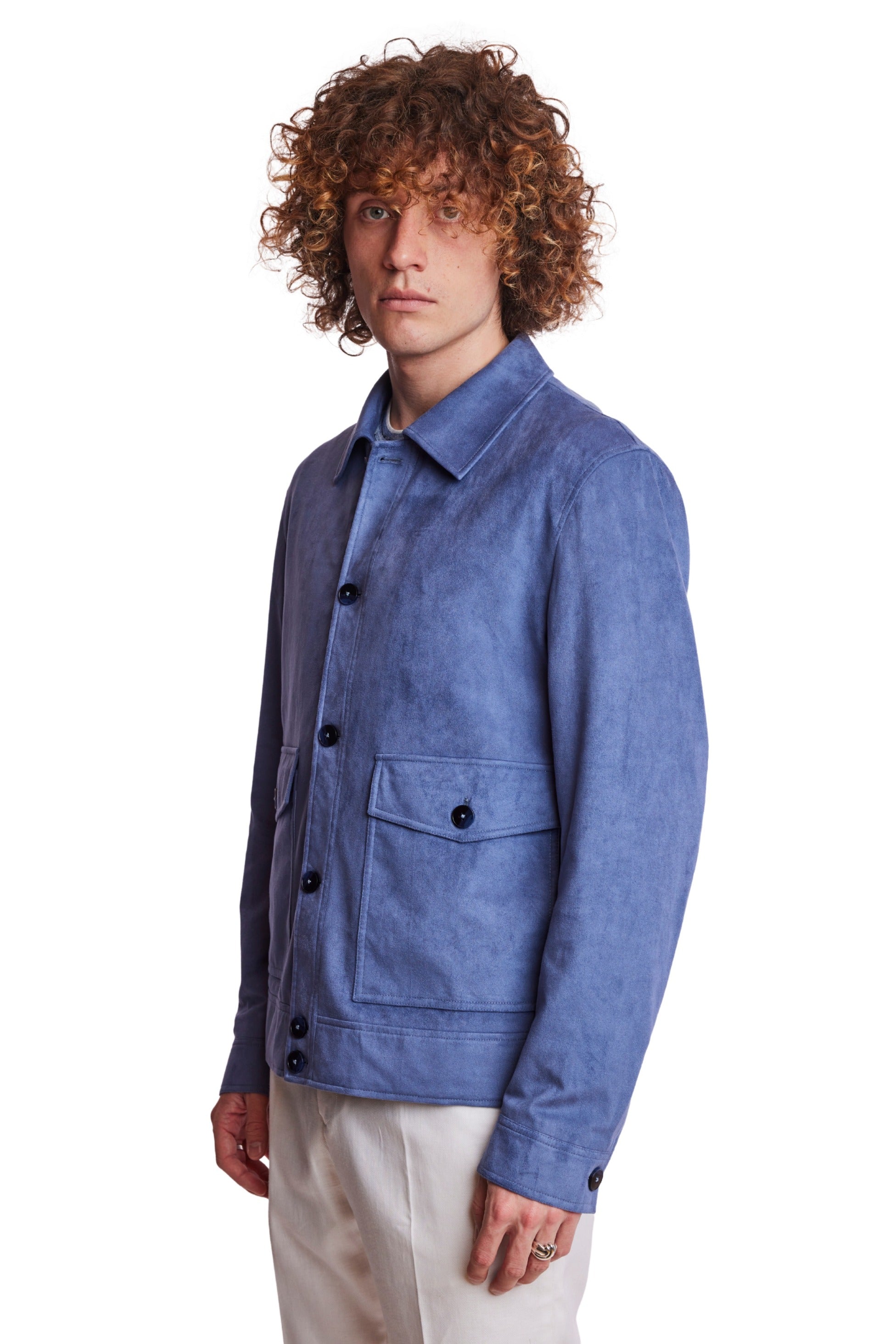 Milo Buttoned Bomber Jacket  - slim - Soft Blue Micro Suede