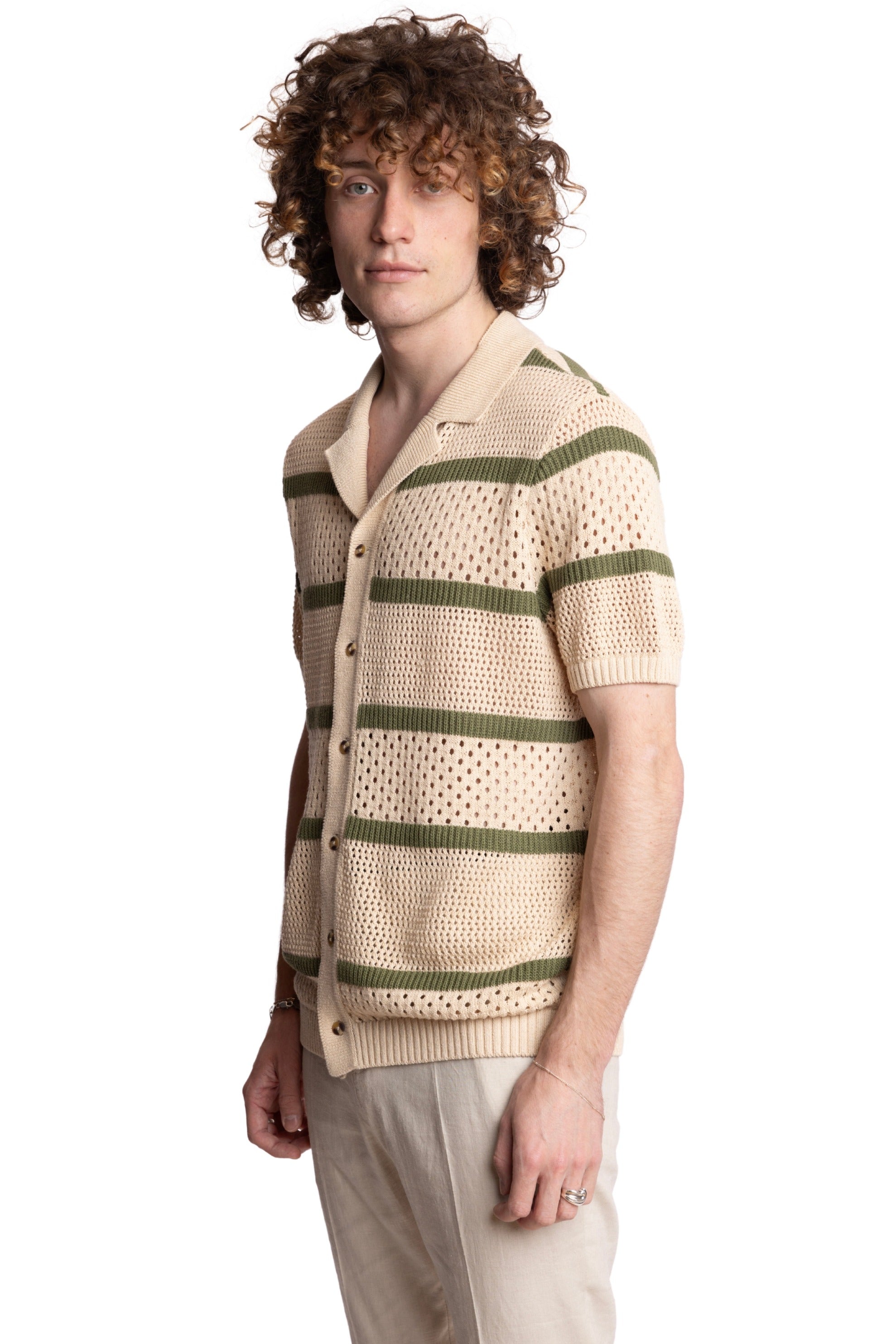 Full Placket Crochet Polo - Tan & Olive