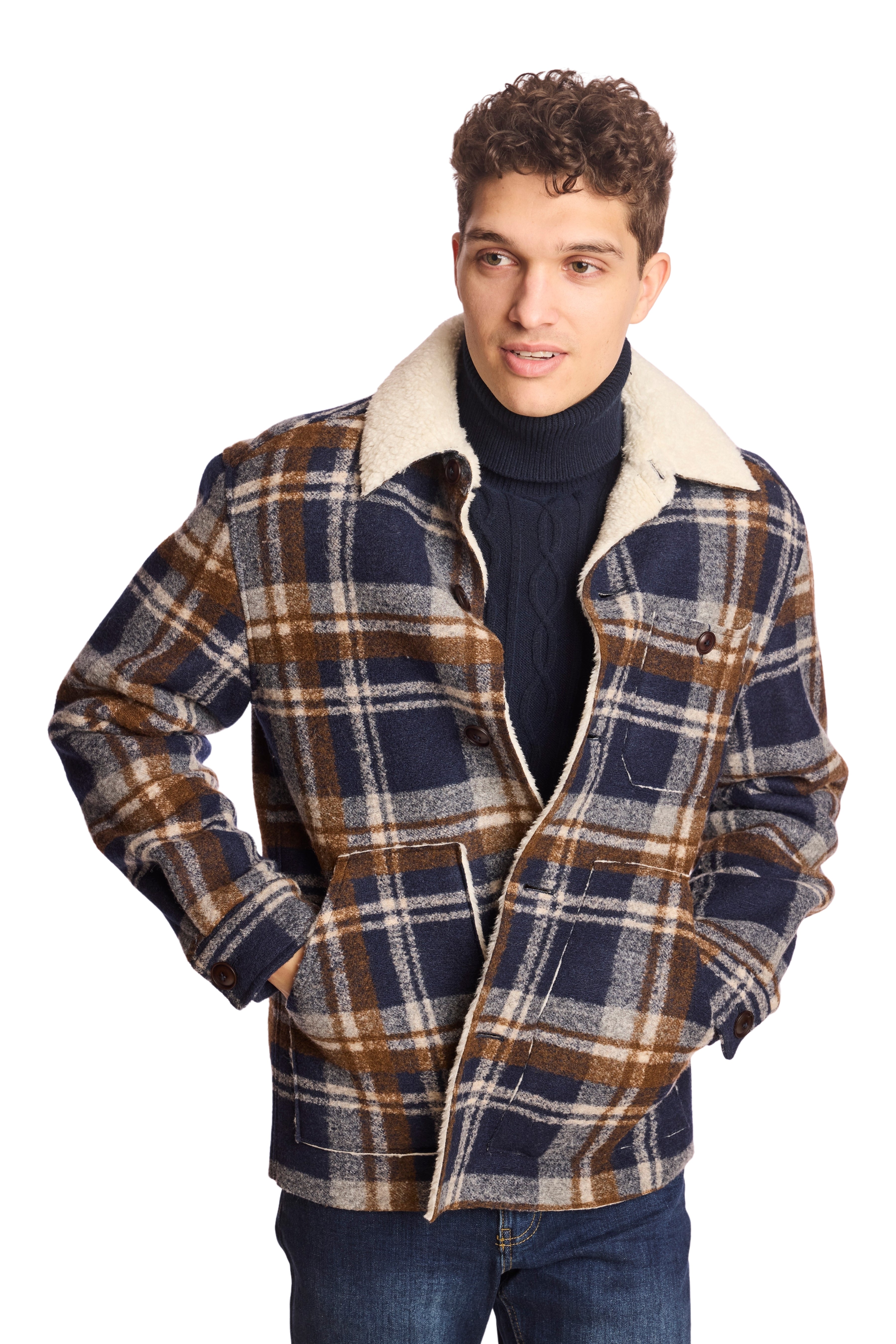 Barn Coat with Raw Edges - Navy Plaid Sherpa