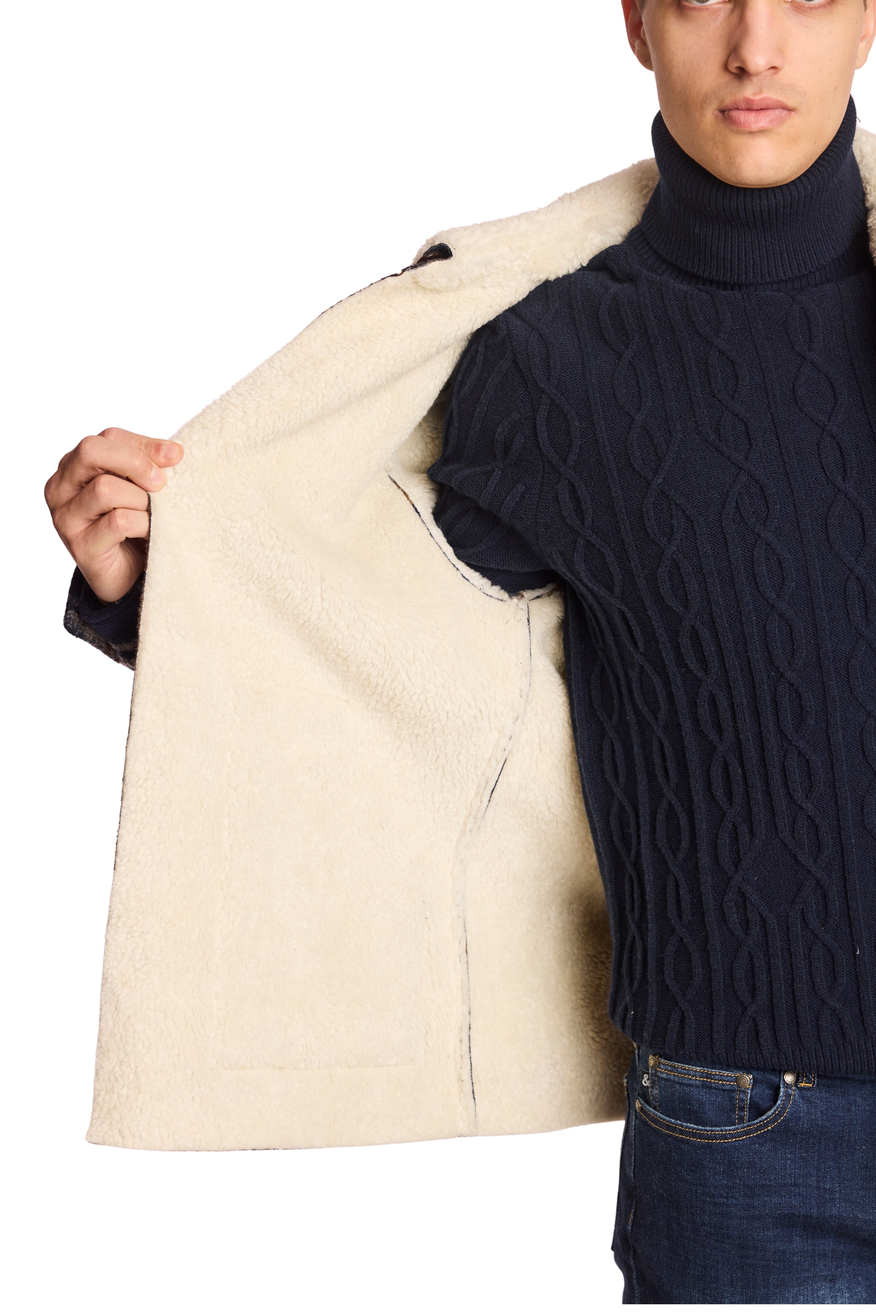 Barn Coat with Raw Edges - Navy Plaid Sherpa