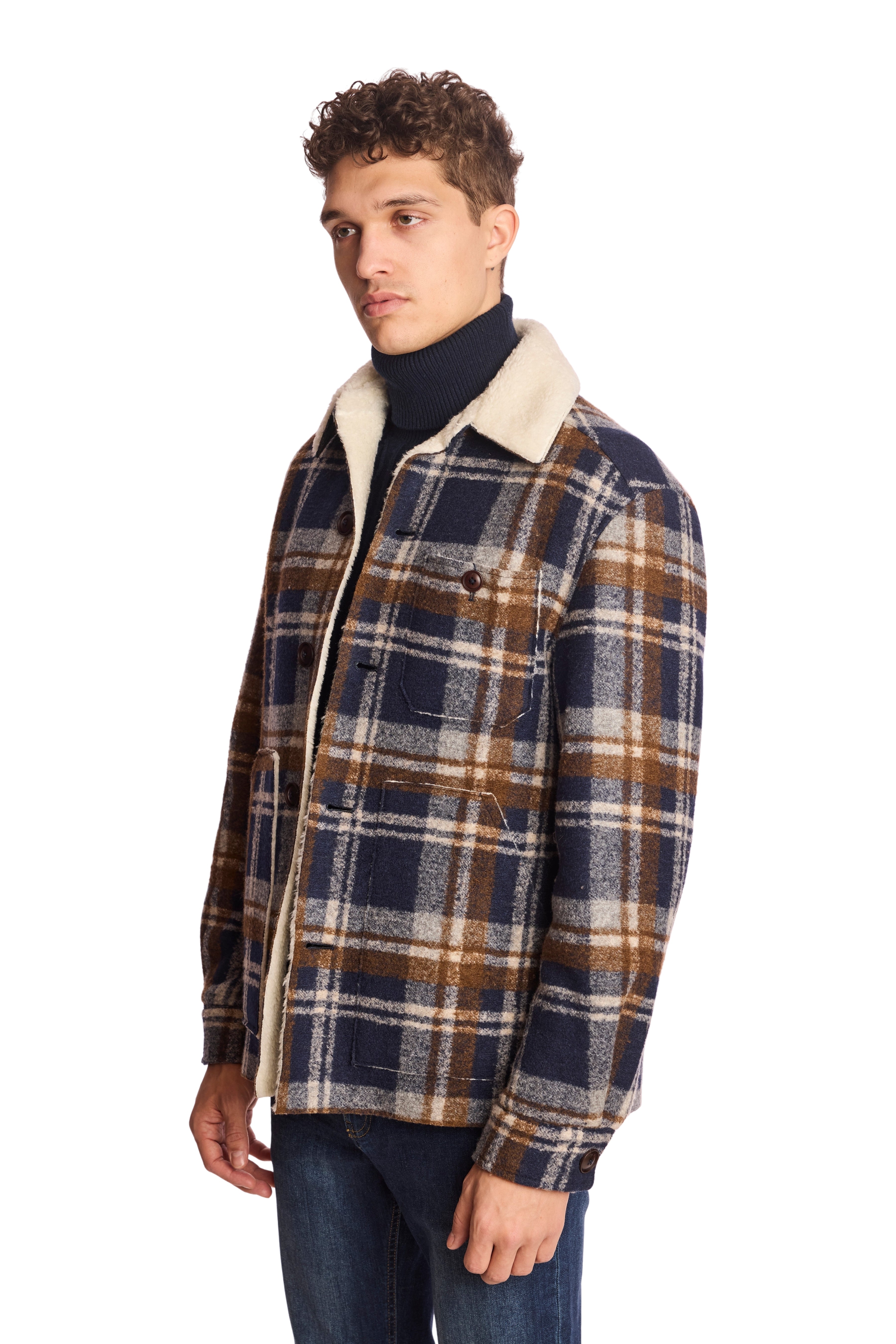 Barn Coat with Raw Edges - Navy Plaid Sherpa