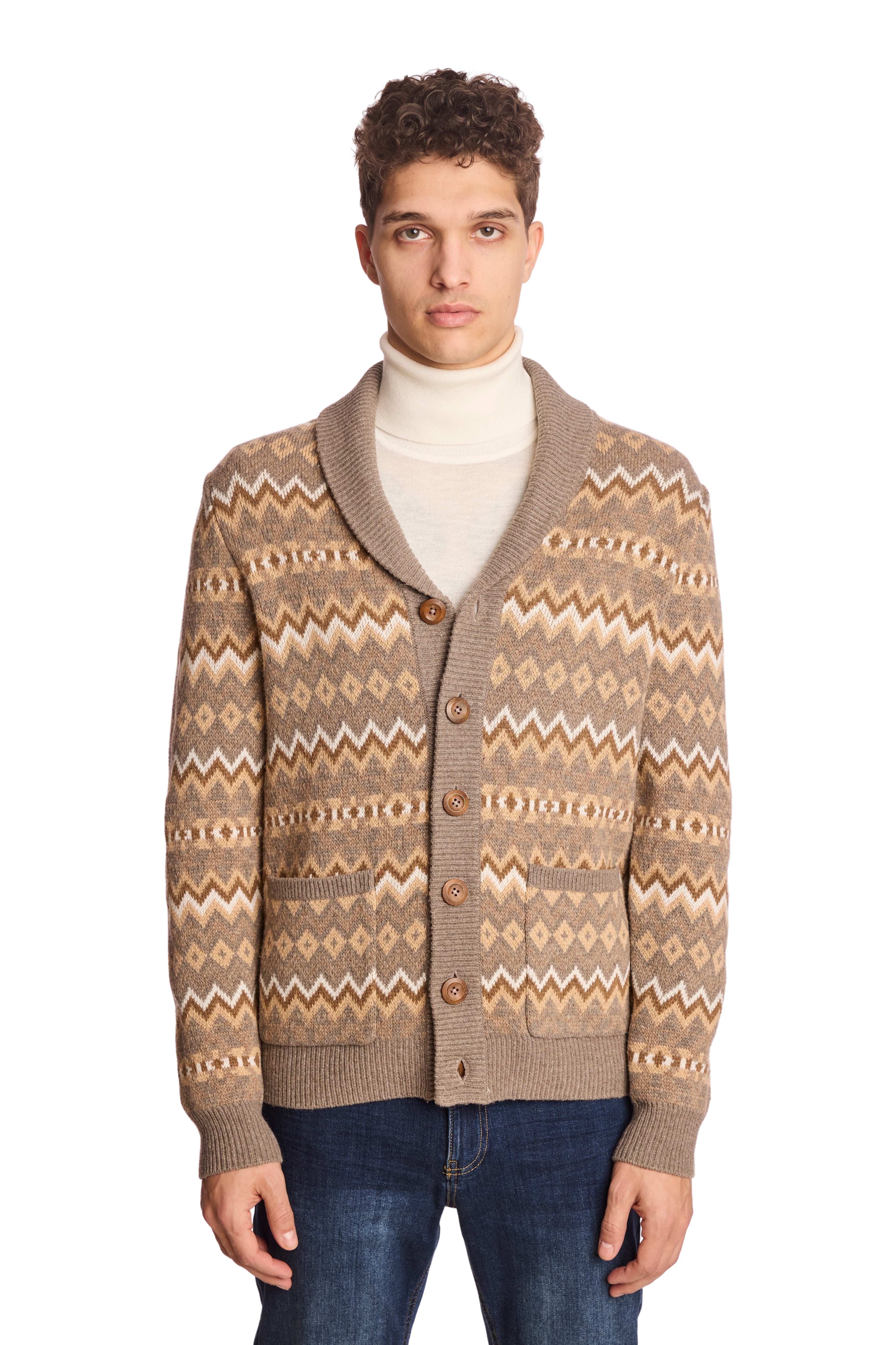 Shawl Collar Cardigan - Caramel Zig Zag