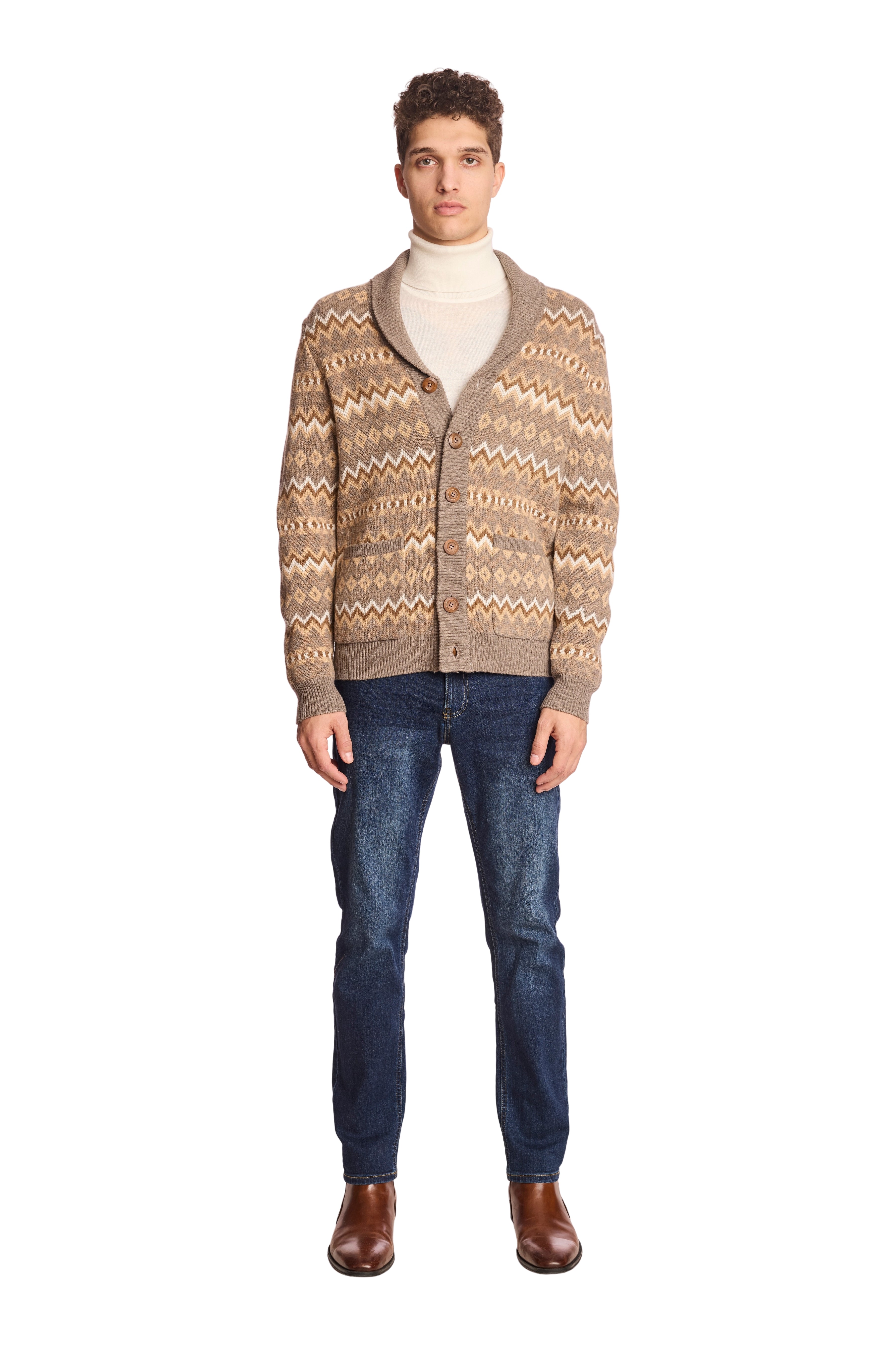 Shawl Collar Cardigan - Caramel Zig Zag