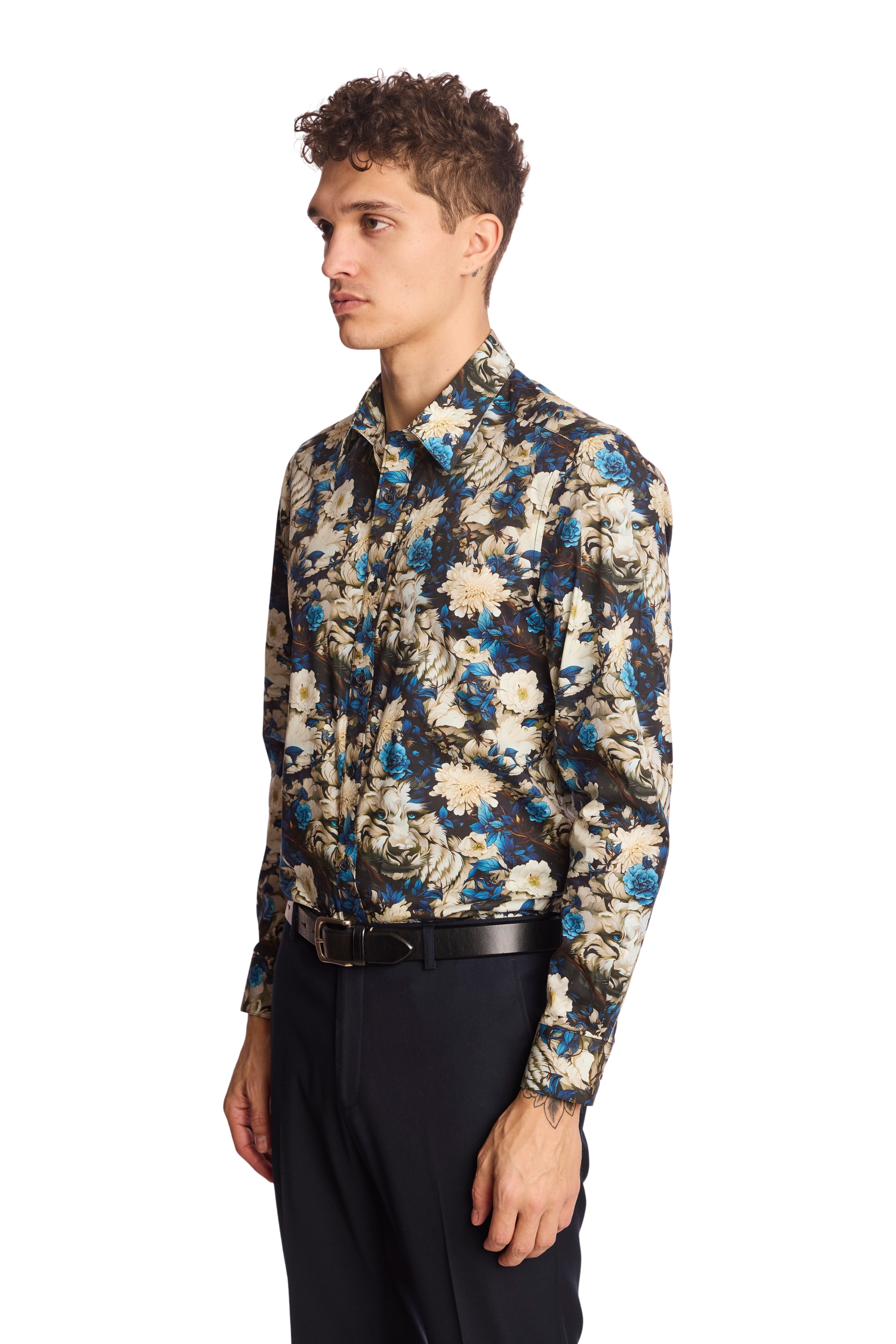 Parker Pointed Collar Shirt - Blue Floral Lion