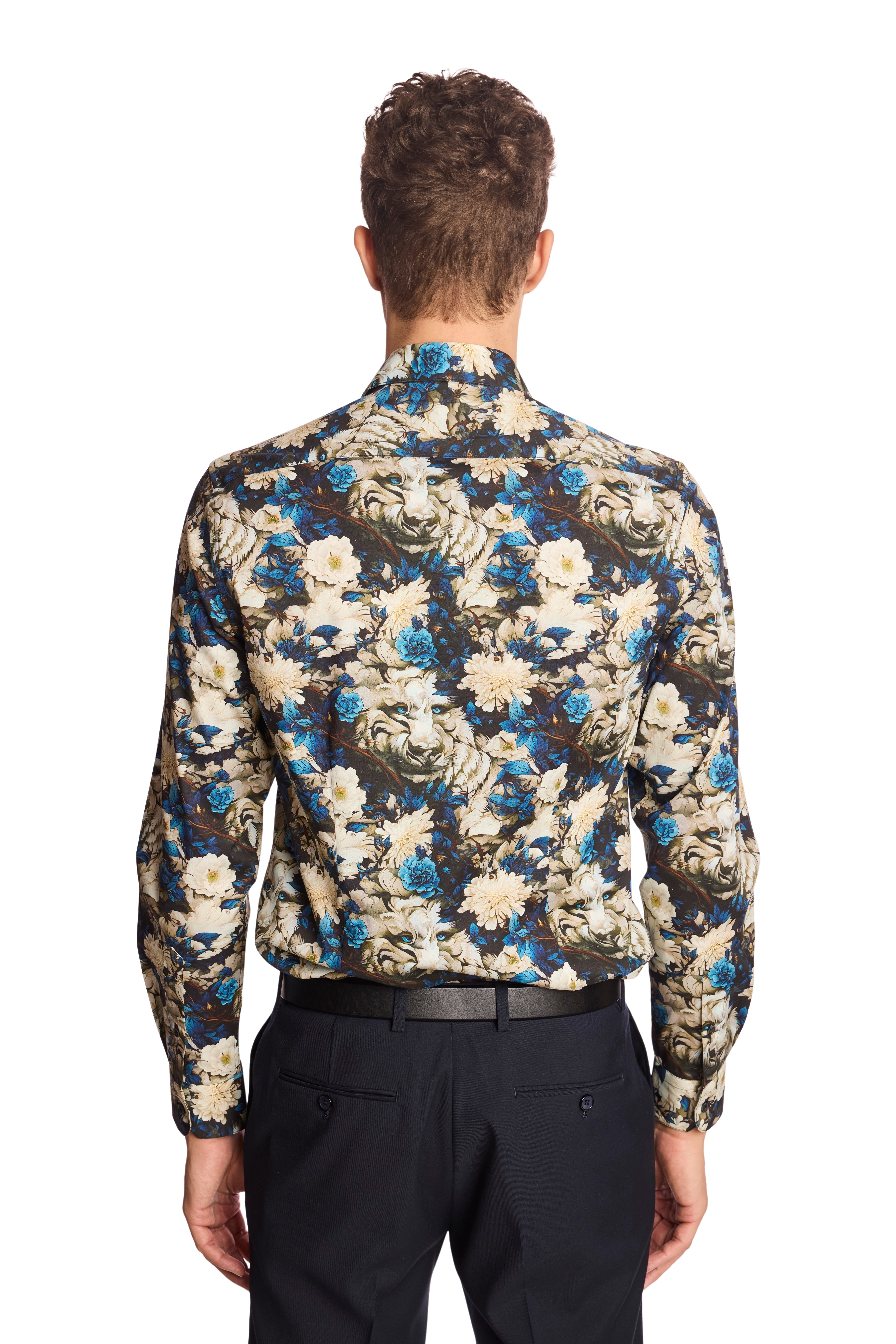 Parker Pointed Collar Shirt - Blue Floral Lion