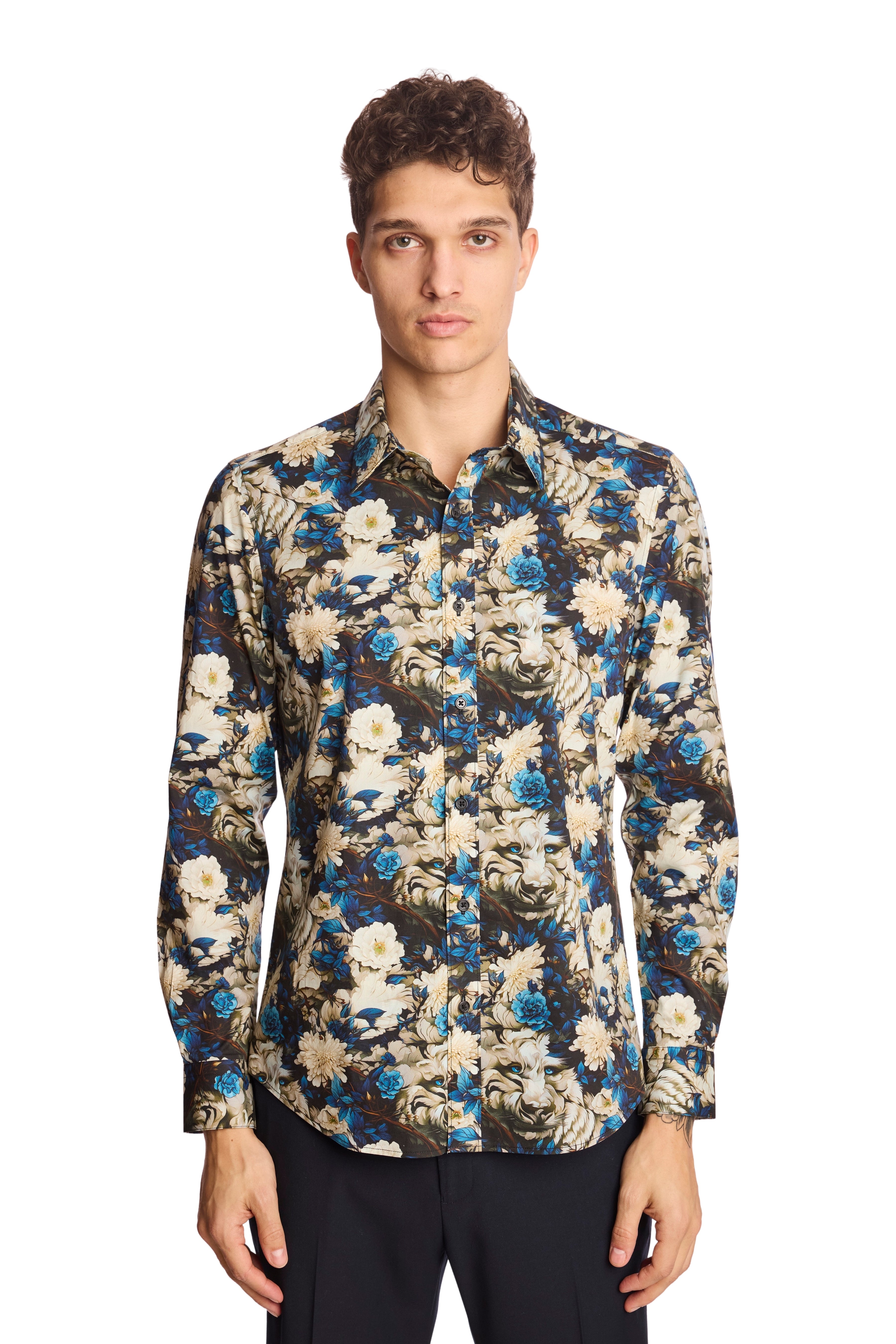 Parker Pointed Collar Shirt - Blue Floral Lion