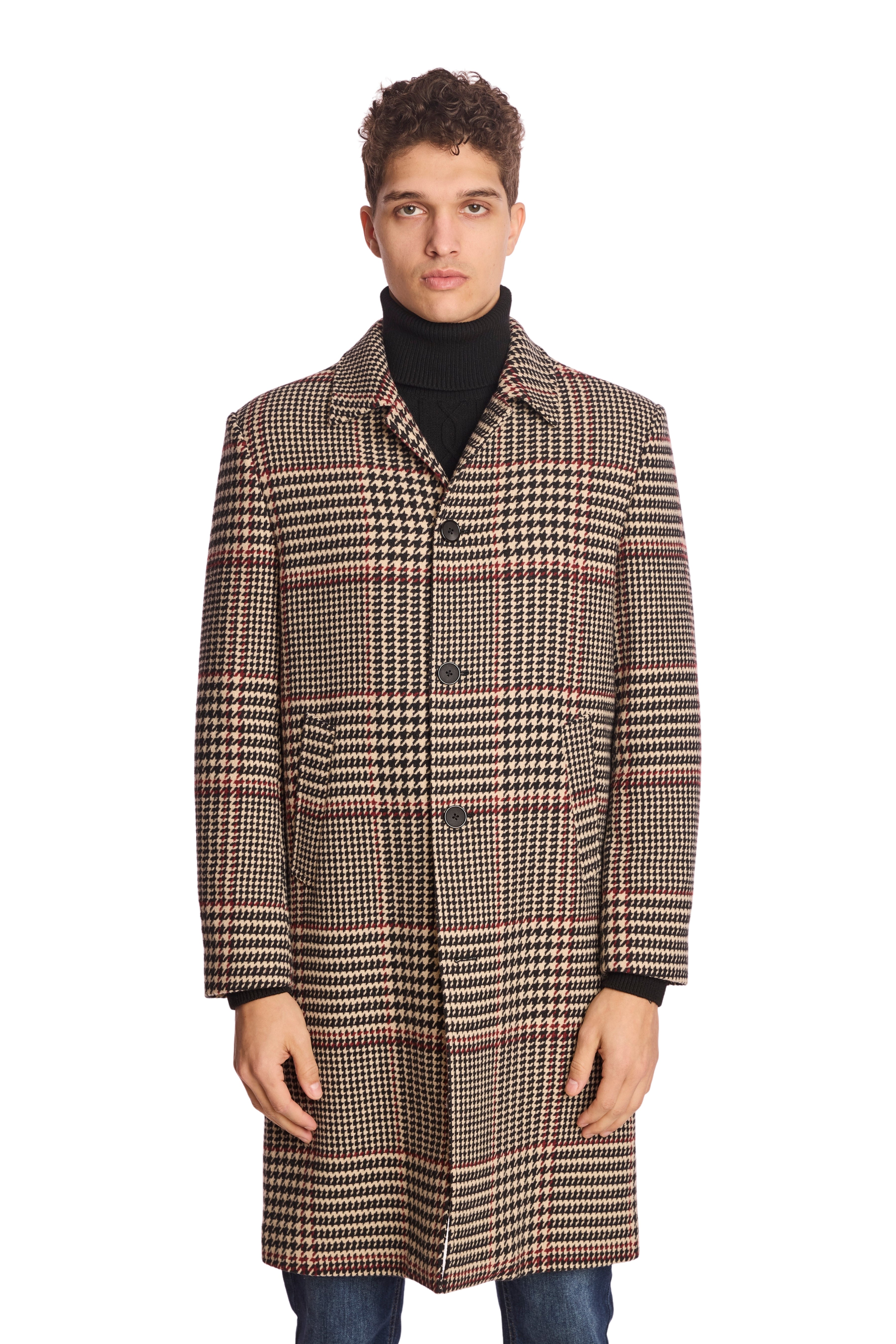 Slash Pocket Overcoat - Black Tan Red Houndstooth
