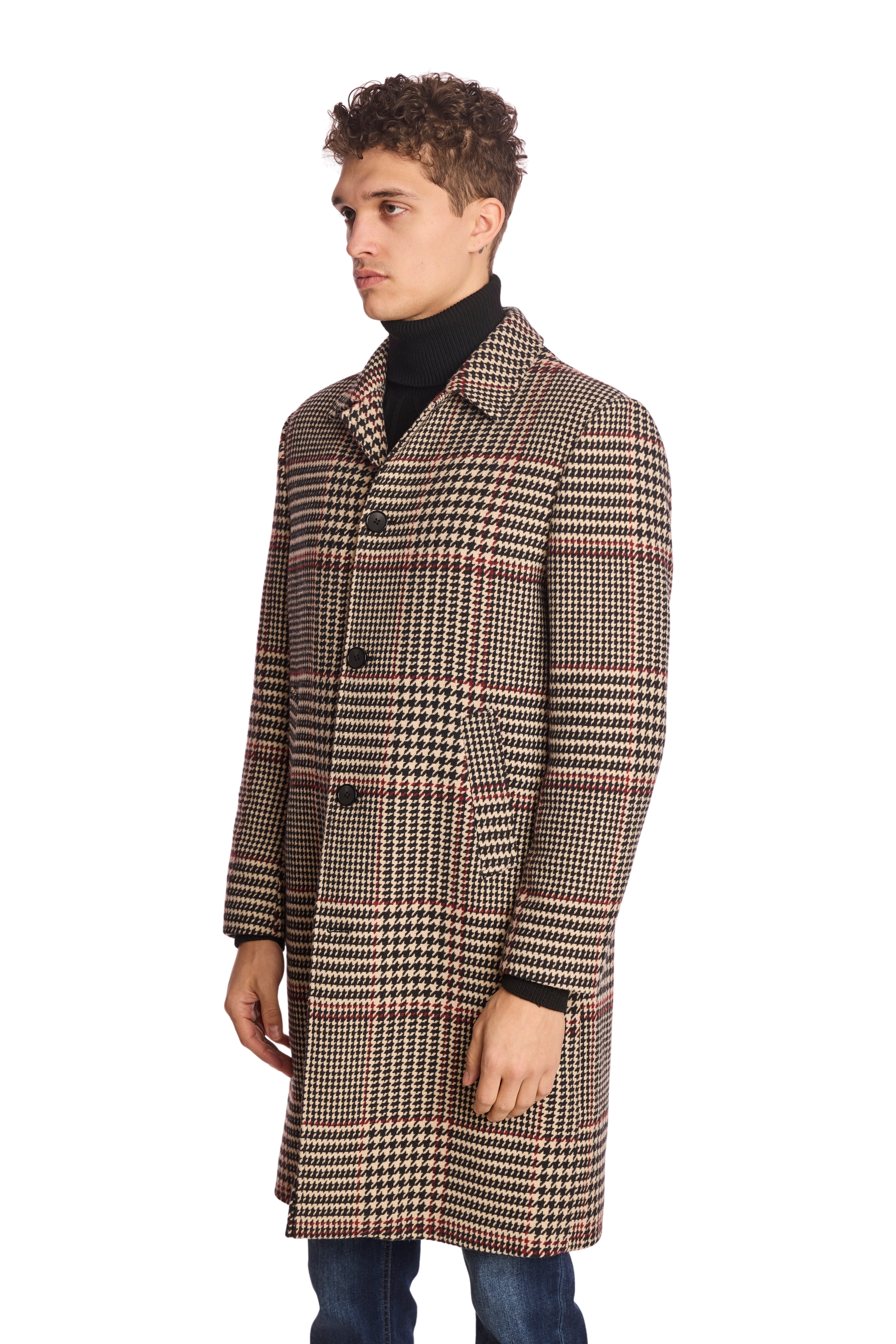 Slash Pocket Overcoat - Black Tan Red Houndstooth