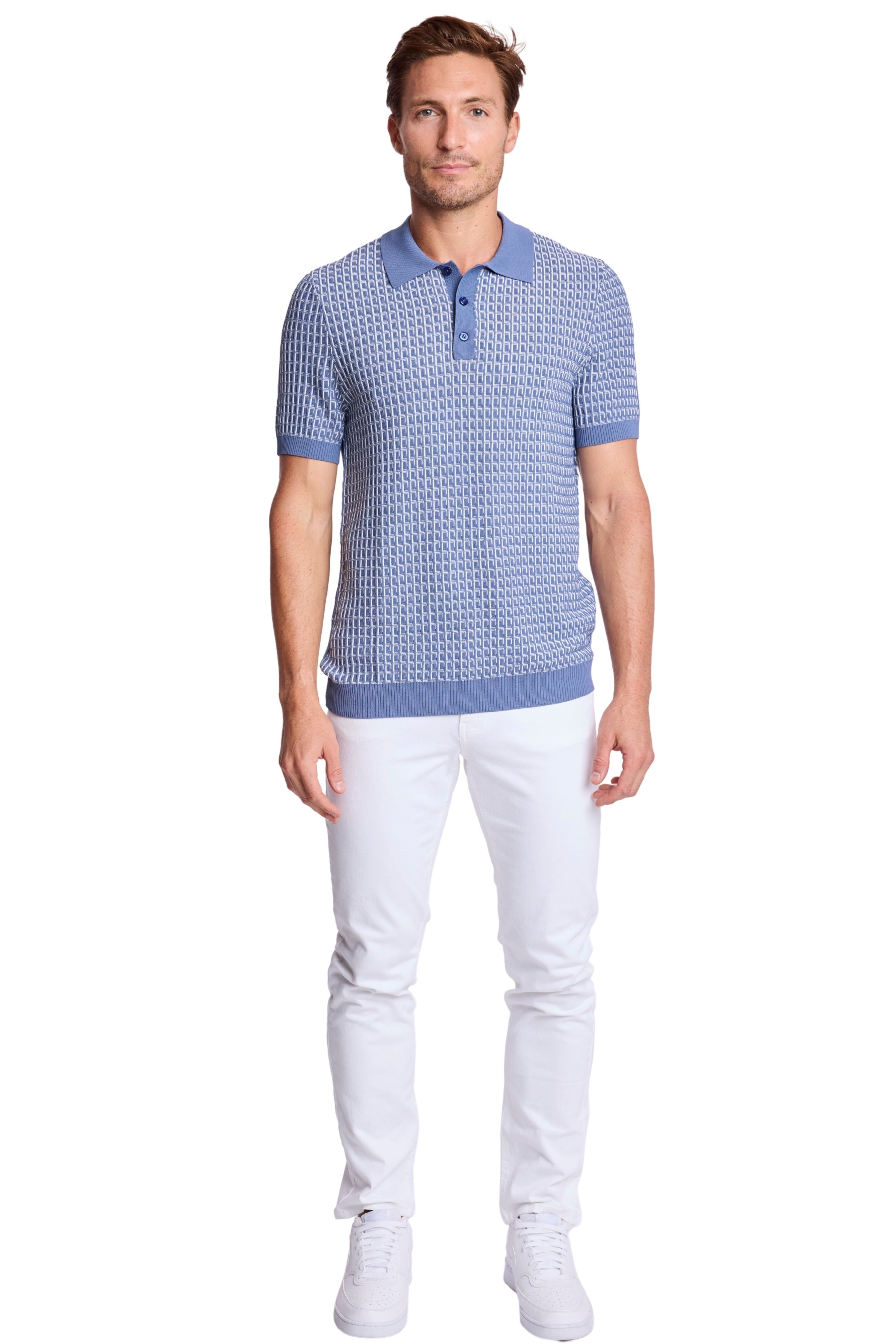 3 Button Polo - Dusty Blue & White