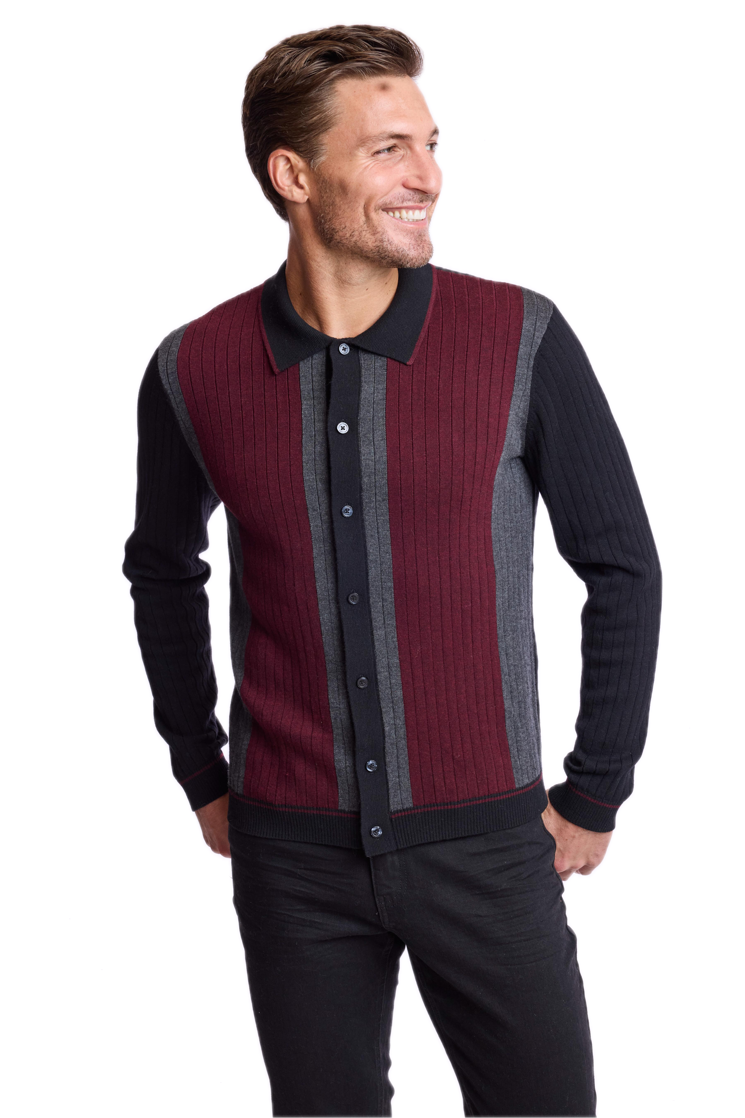 Color Blocked Full Placket Polo - Black Burgundy Charcoal