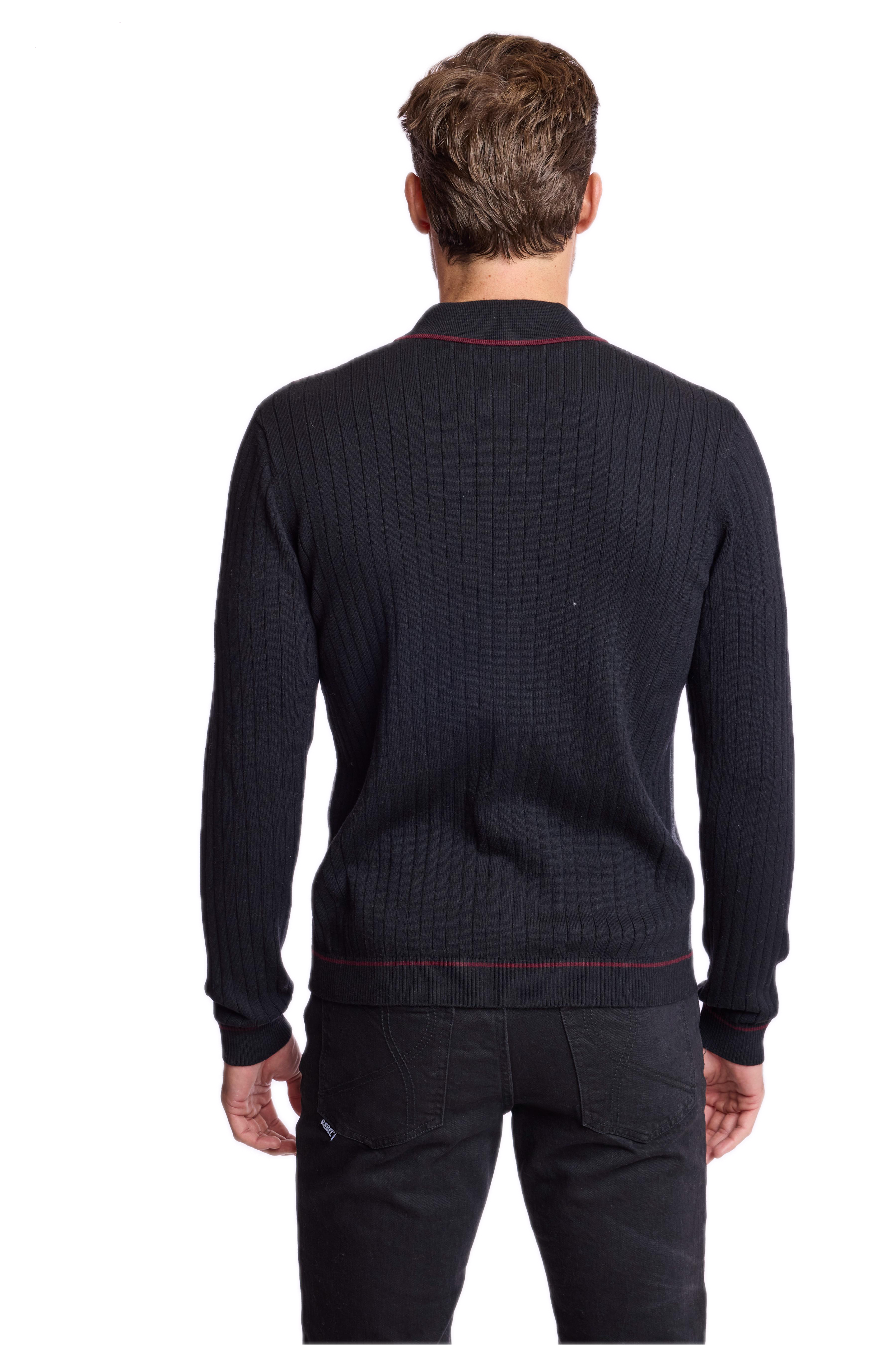 Color Blocked Full Placket Polo - Black Burgundy Charcoal