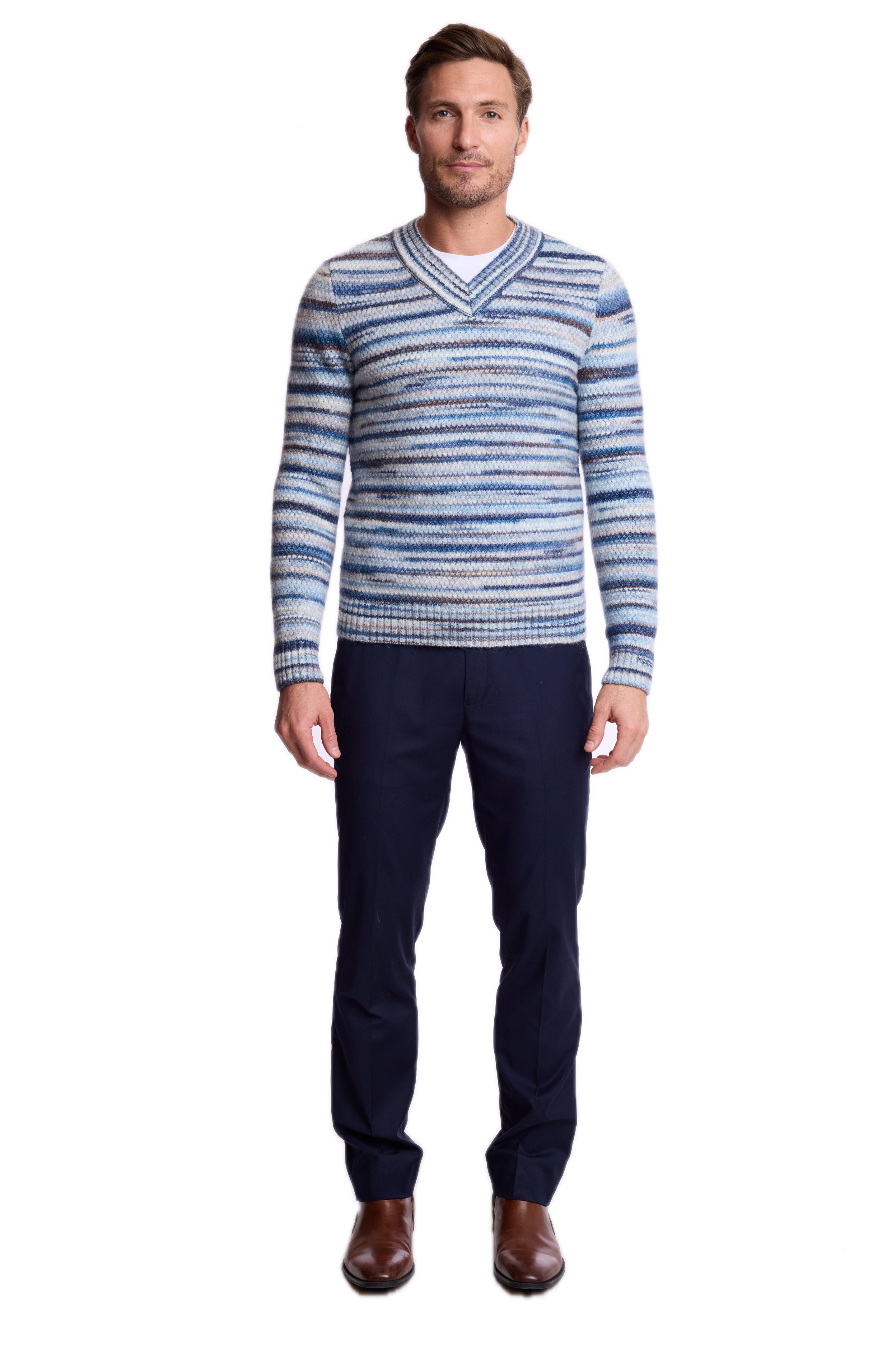 V-Neck Sweater - Blue Multi Stripes