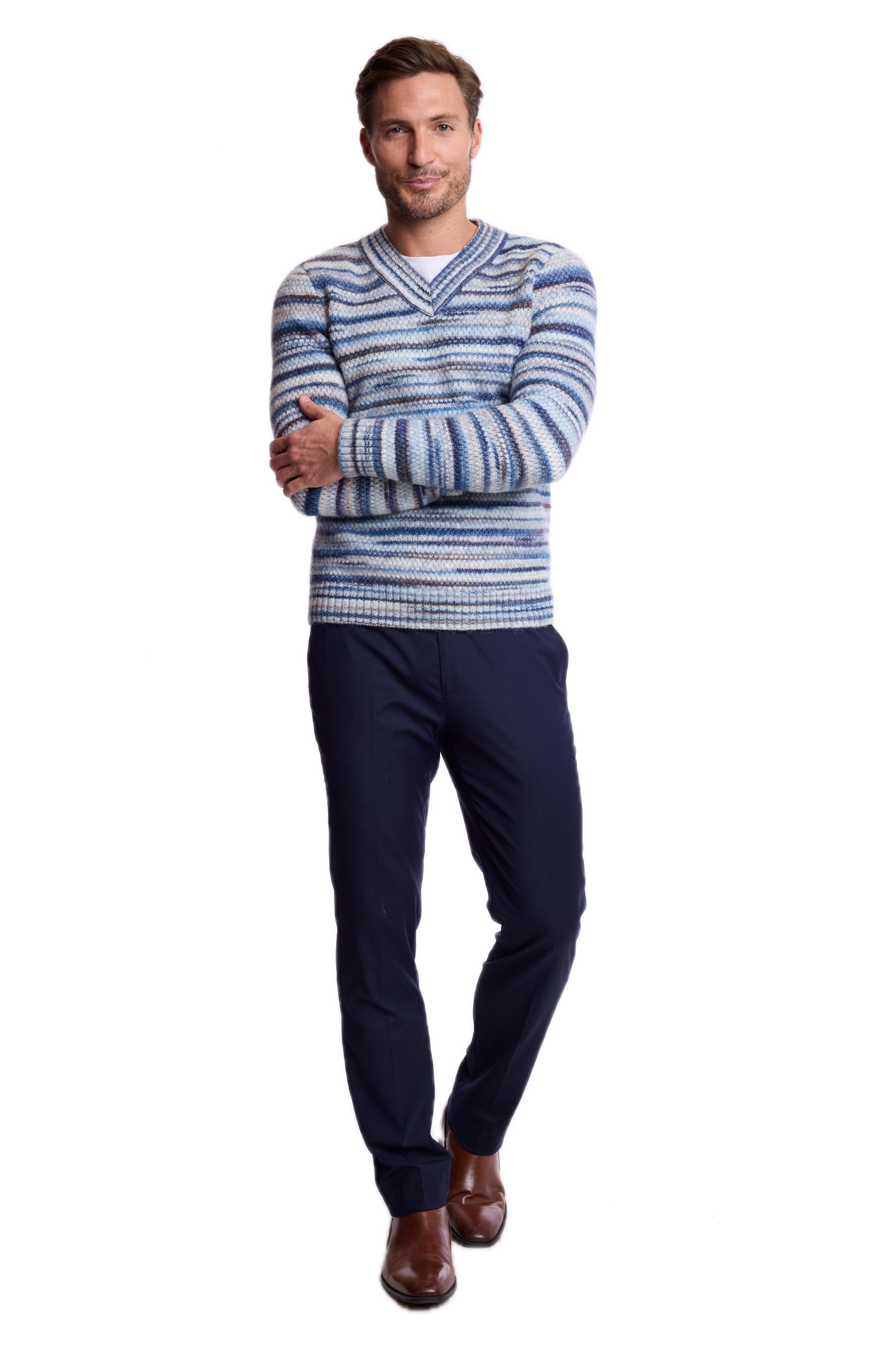 V-Neck Sweater - Blue Multi Stripes