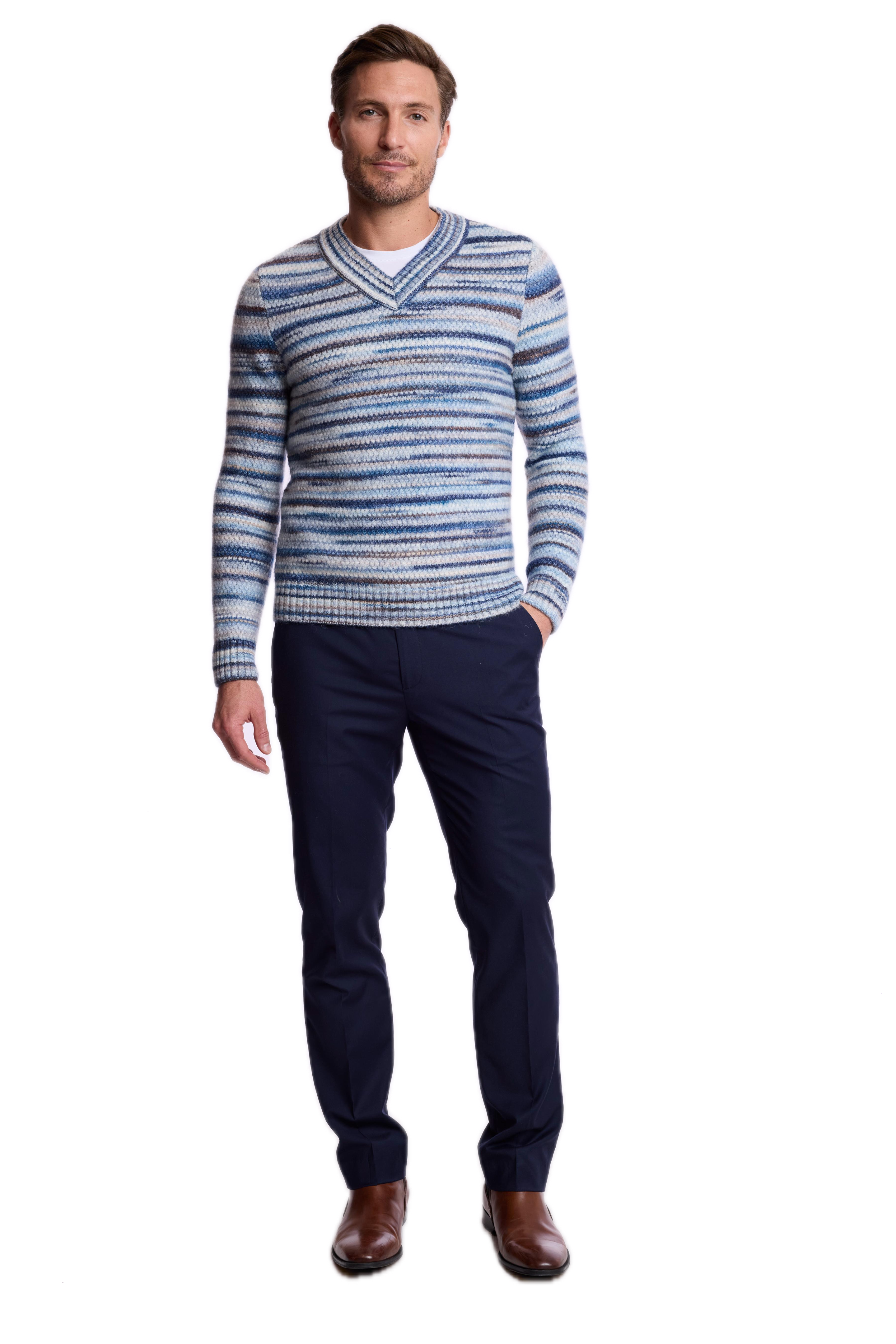 V-Neck Sweater - Blue Multi Stripes