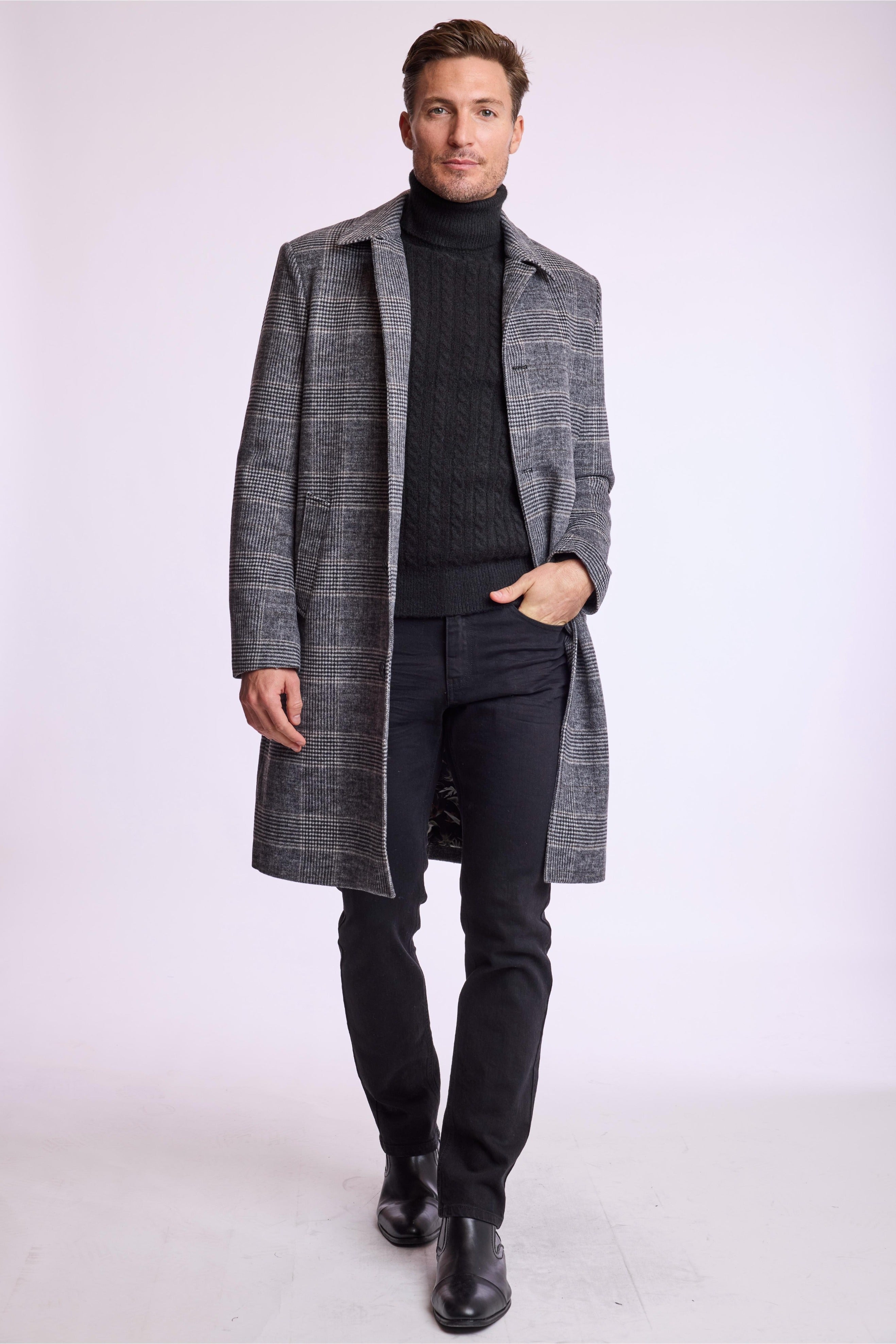 Slash Pocket Overcoat - slim - Black and White Check