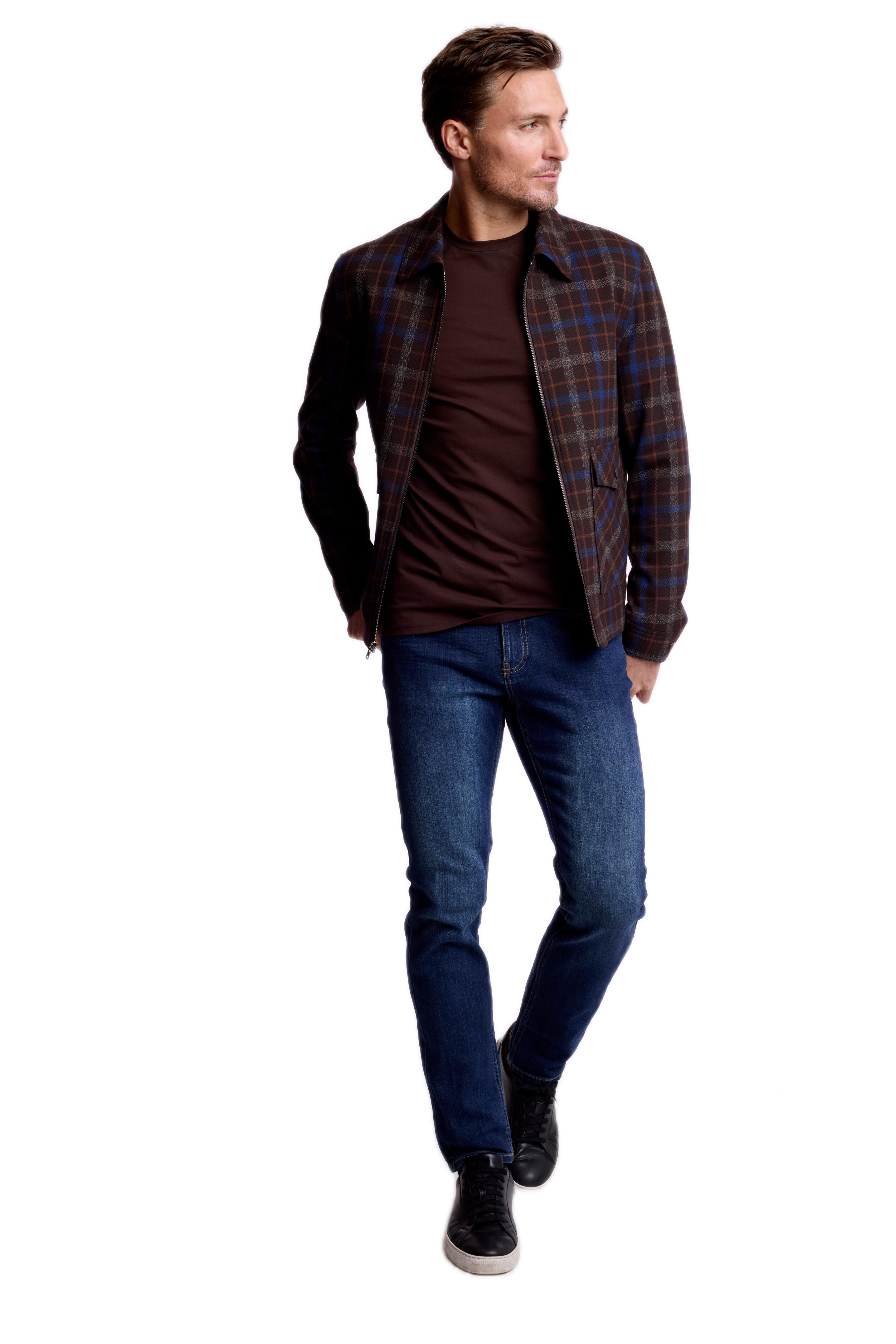 Milo Zip Bomber Jacket - Choc Royal Rust Check