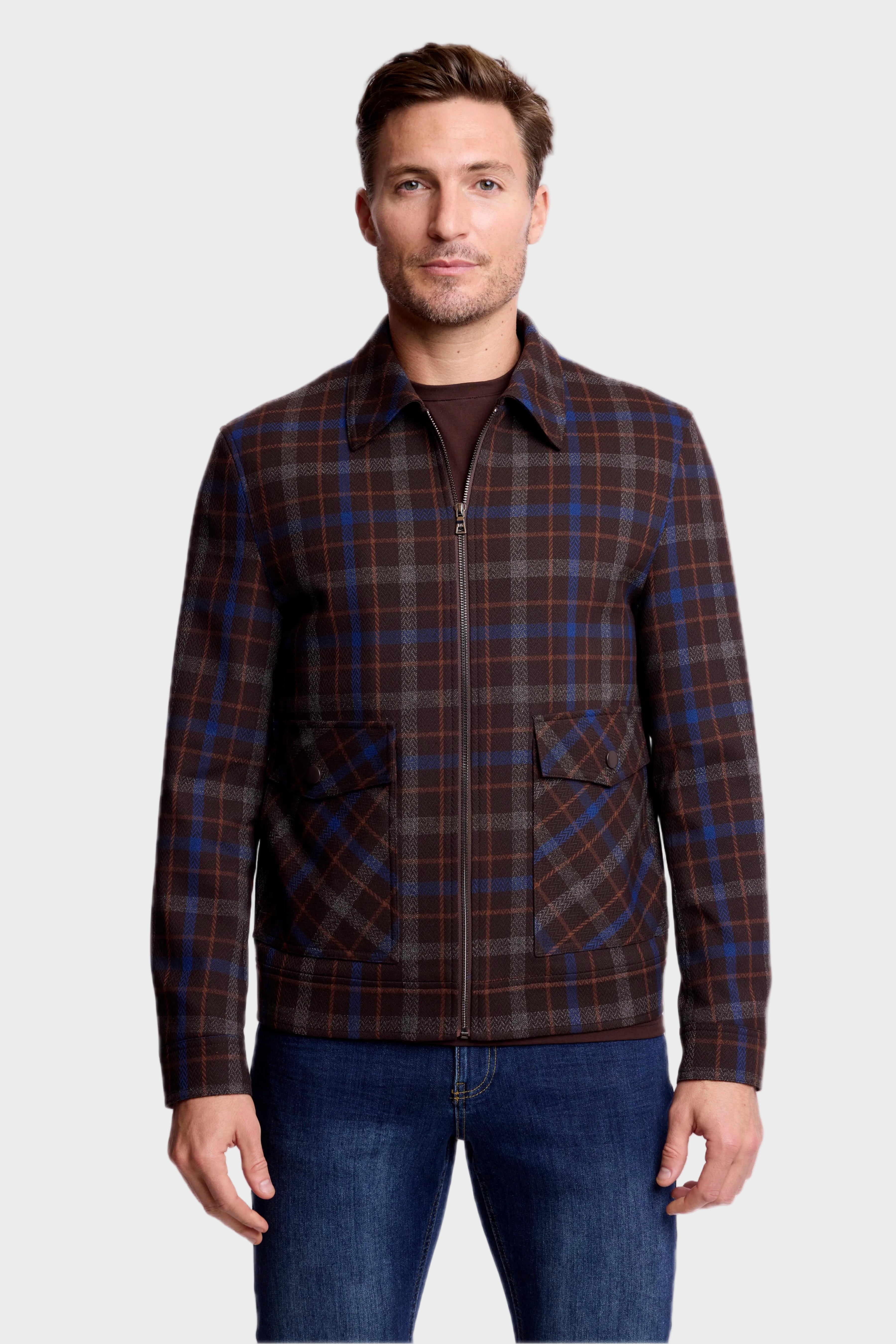 Milo Zip Bomber Jacket - Choc Royal Rust Check