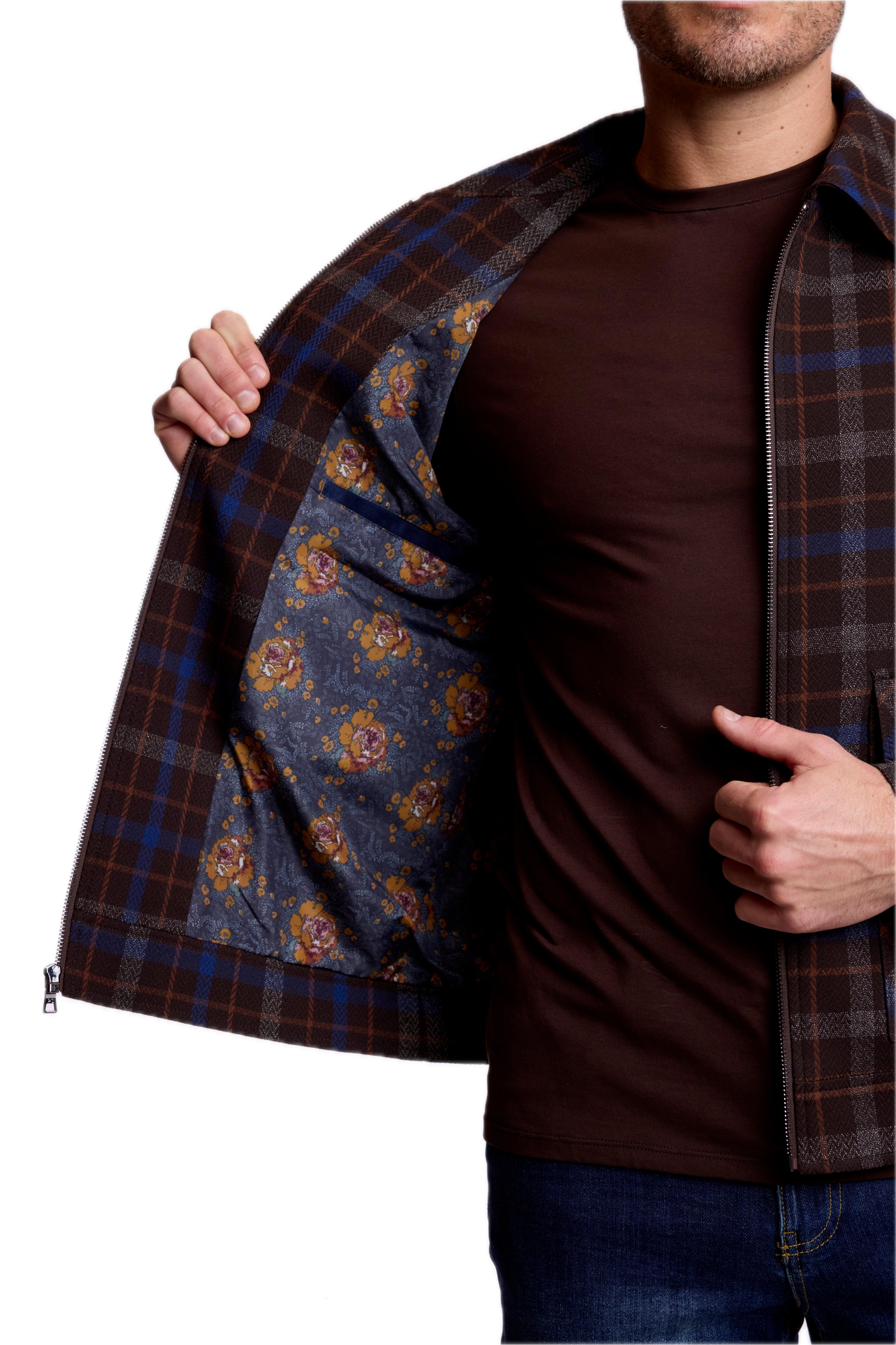 Milo Zip Bomber Jacket - Choc Royal Rust Check