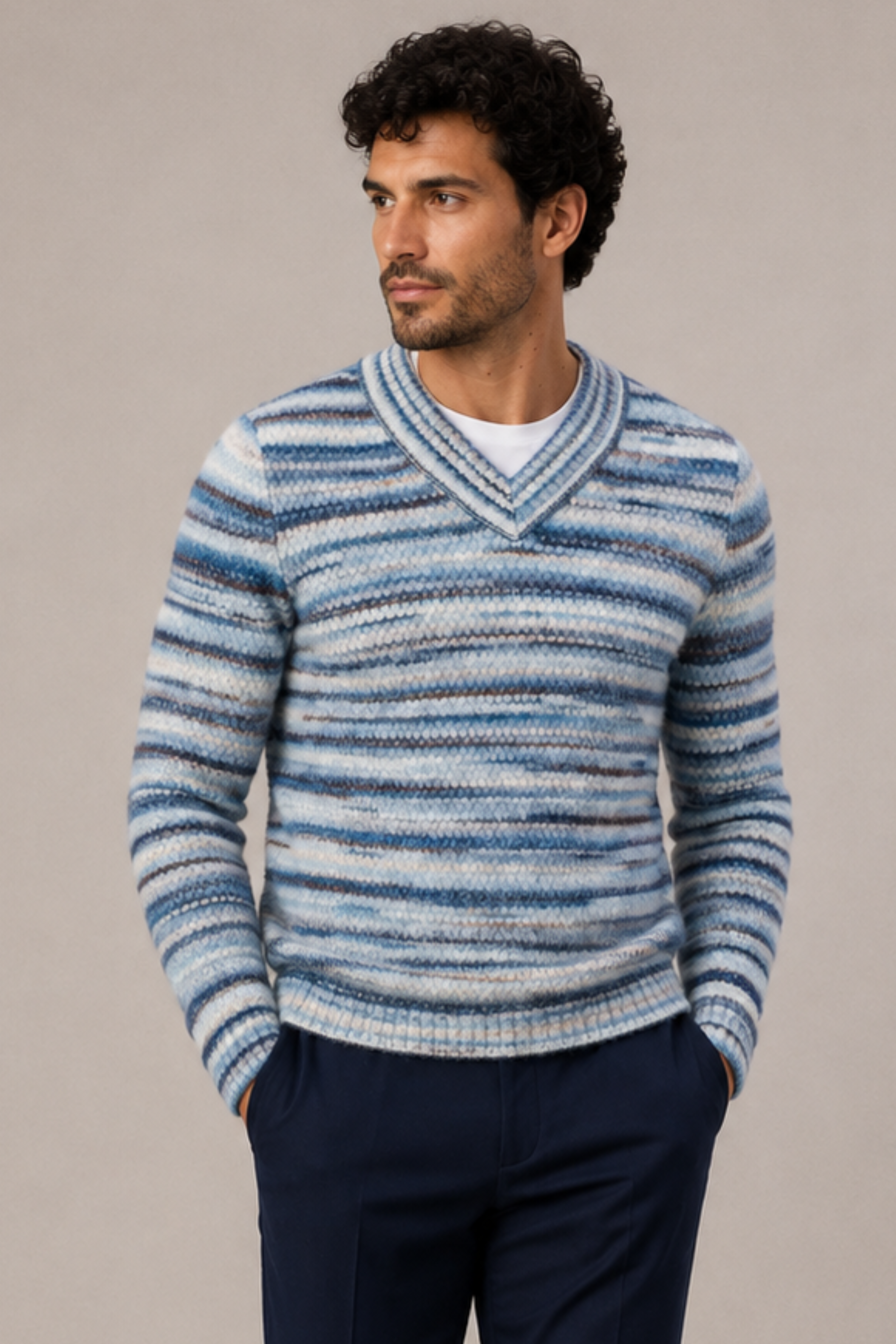 V-Neck Sweater - Blue Multi Stripes