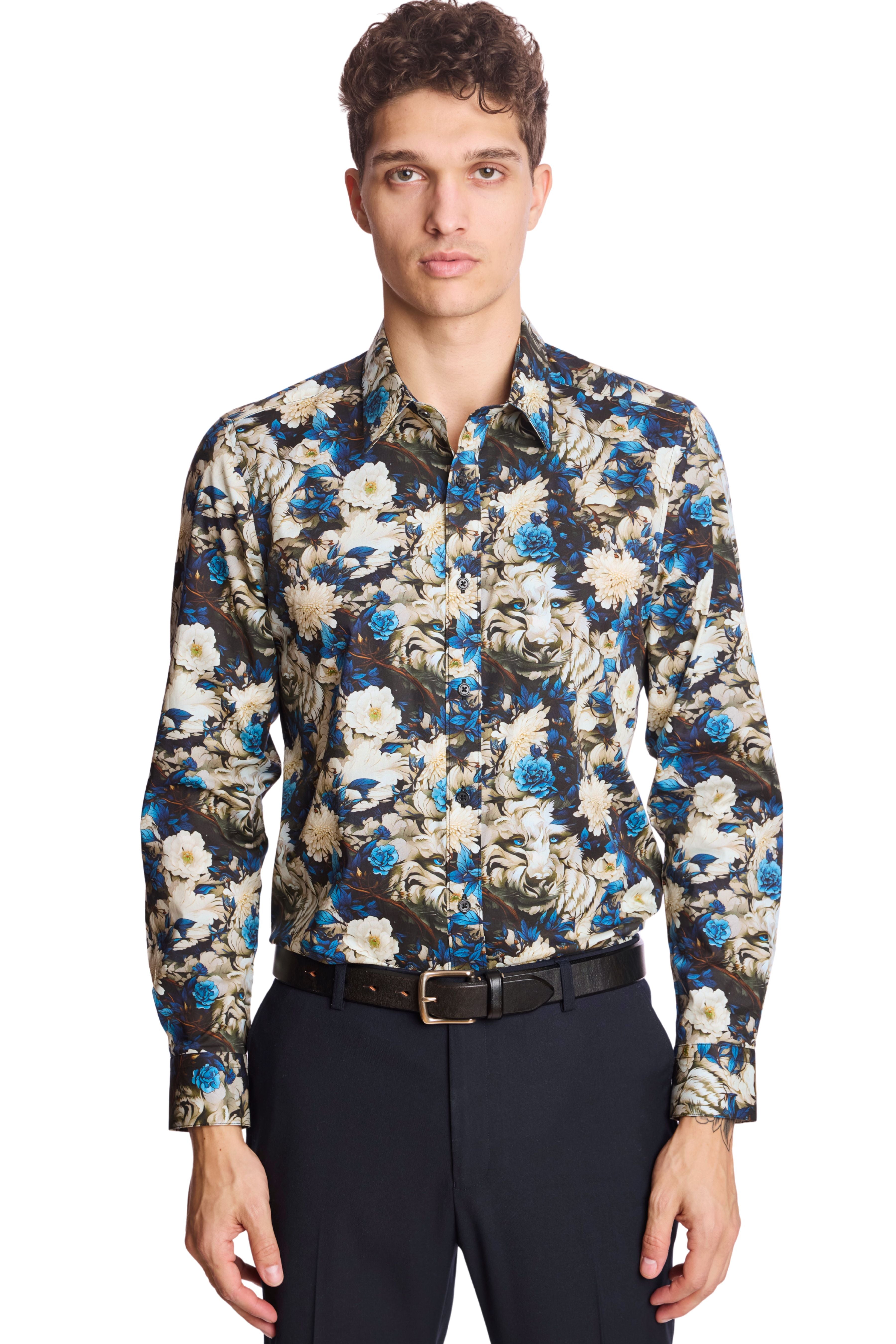 Parker Pointed Collar Shirt - Blue Floral Lion