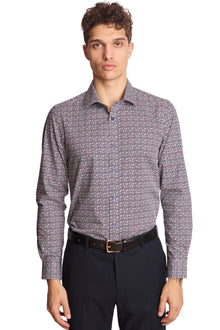  Samuel Spread Collar Shirt - Red Blue & White Geo