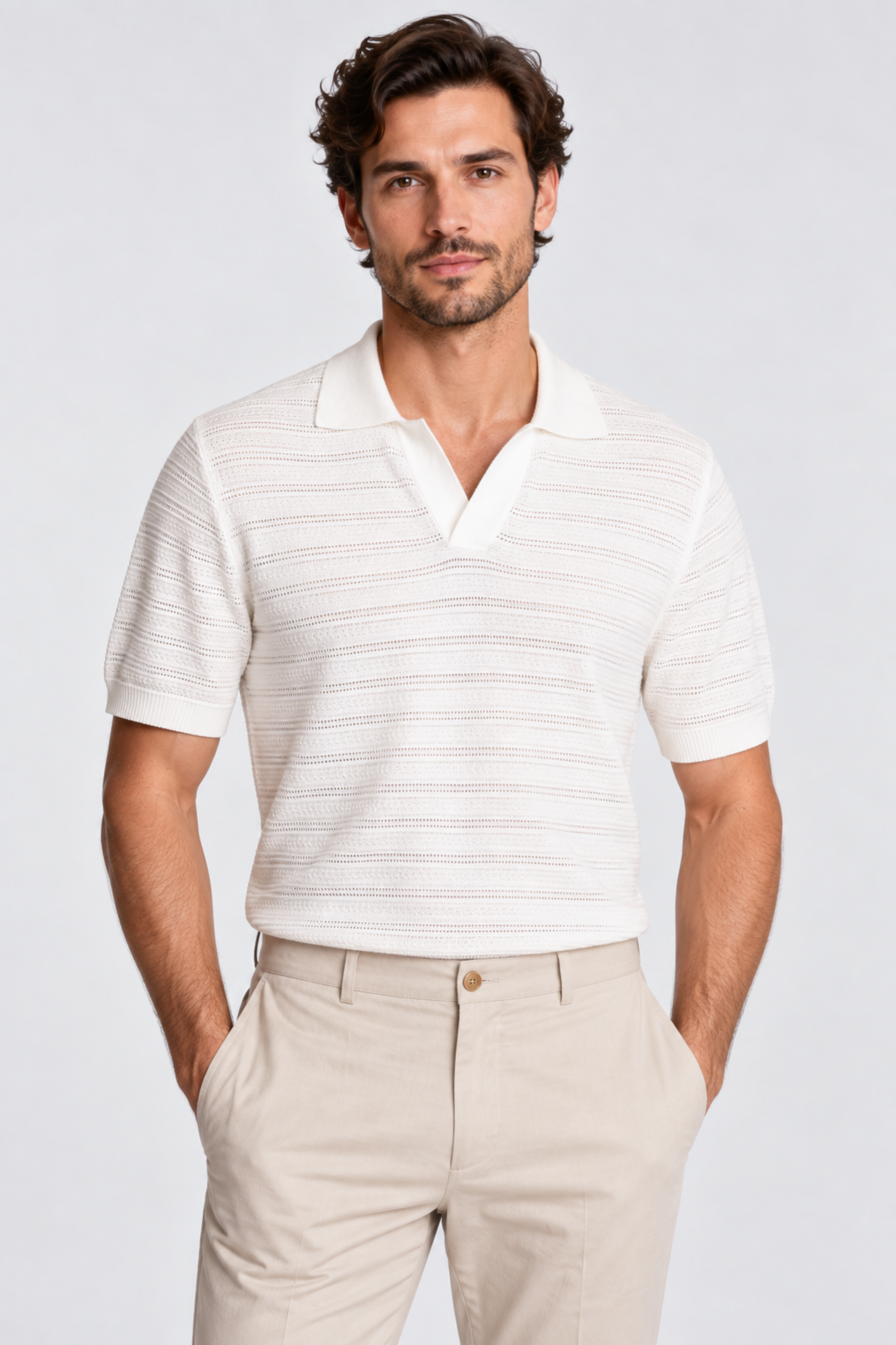 Johnny Collar 2 Tone Polo - Cream & White
