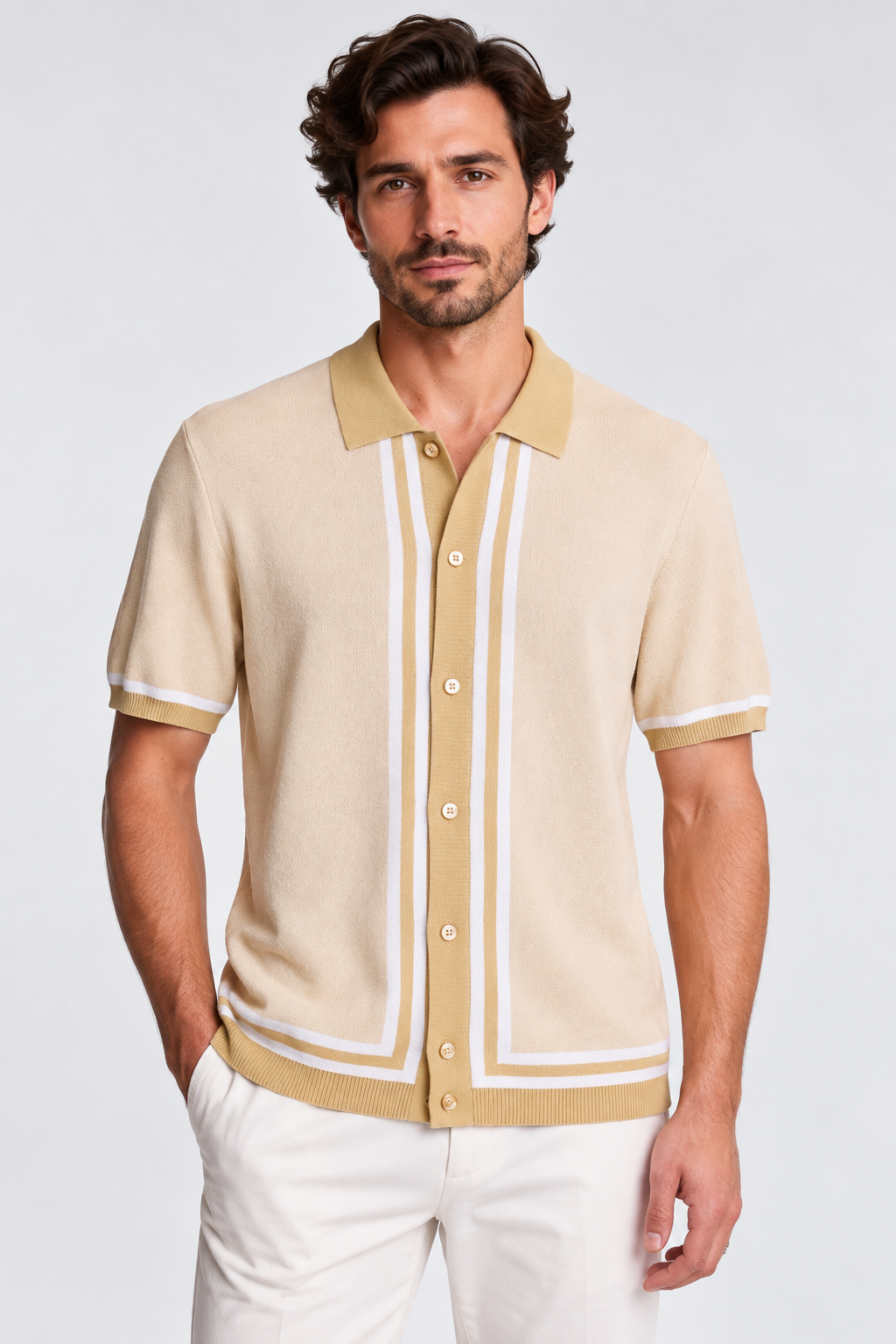 Full Placket Retro Polo - Tan White