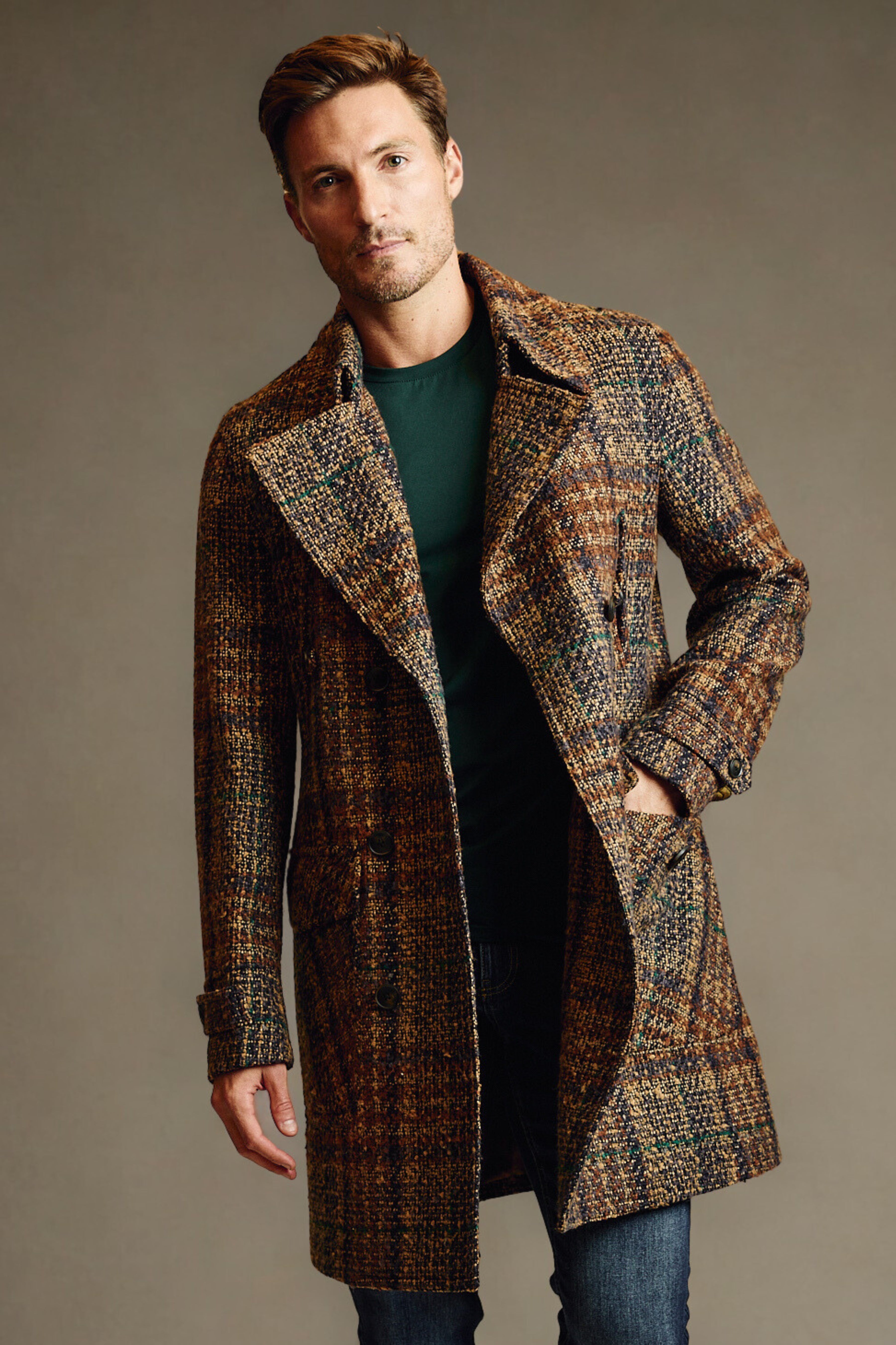 Military DB Overcoat - Tan Purple Rust Plaid